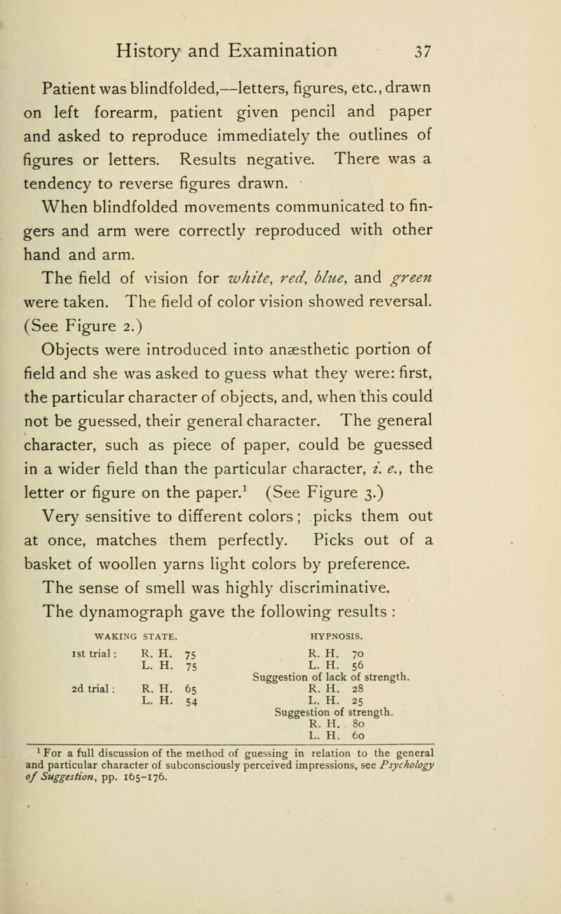 Patient was blindfolded,—letters, figures, etc., drawn on left forearm, patient given pencil and paper and asked to reproduce immediately the outlines of figures or letters. Results negative. There was a tendency to reverse figures drawn. When blindfolded movements communicated to fin- gers and arm were correctly reproduced with other hand and arm. The field of vision for white, red, blue, and green were taken. The field of color vision showed reversal. (See Figure 2.) Objects were introduced into anaesthetic portion of field and she was asked to guess what they were: first, the particular character of objects, and, when this could not be guessed, their general character. The general character, such as piece of paper, could be guessed in a wider field than the particular character, i. e., the letter or figure on the paper.1 (See Figure 3.) Very sensitive to different colors ; picks them out at once, matches them perfectly. Picks out of a basket of woollen yarns light colors by preference. The sense of smell was highly discriminative. The dynamograph gave the following results : WAKING STATE. HYPNOSIS. 1st trial: R. H. 75 R. H. 70 L. H. 75 L. H. 56 Suggestion of lack of strength. 2d trial: R. H. 65 R. H. 28 L. H. 54 L. H. 25 Suggestion of strength. R. H. 80 L. H. 60 1 For a full discussion of the method of guessing in relation to the general and particular character of subconsciously perceived impressions, see Psychology of Suggestion, pp. 165-176.
