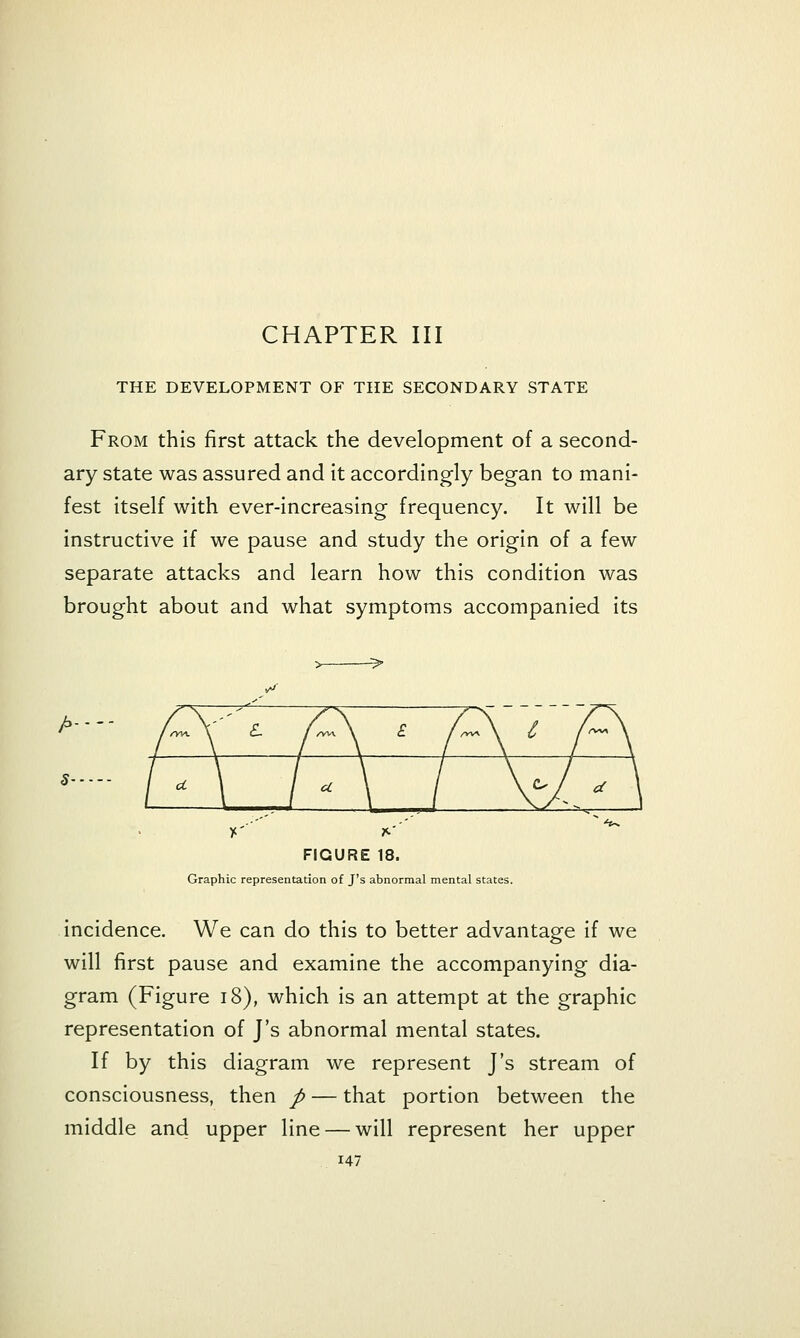 THE DEVELOPMENT OF THE SECONDARY STATE From this first attack the development of a second- ary state was assured and it accordingly began to mani- fest itself with ever-increasing frequency. It will be instructive if we pause and study the origin of a few separate attacks and learn how this condition was brought about and what symptoms accompanied its > > /.-- FIGURE 18. Graphic representation of J's abnormal mental states. incidence. We can do this to better advantagfe if we will first pause and examine the accompanying dia- gram (Figure i8), which is an attempt at the graphic representation of J's abnormal mental states. If by this diagram we represent J's stream of consciousness, then / — that portion between the middle and upper line — will represent her upper