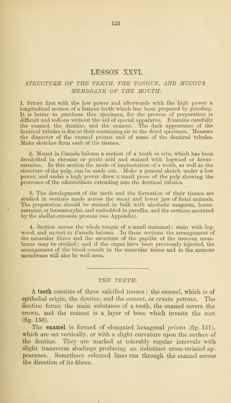 LESSON XXVI. STRUCTURE OF THE TEETH, THE TONGUE, AND MUCOUS MEMBRANE OF THE MOUTH. 1. Study first with the low power and afterwards with the high power a longitudinal section of a human tooth which has been prepared by grinding. It is better to purchase this specimen, for the process of preparation is difficult and tedious without the aid of special apparatus. Examine carefully the enamel, the dentine, and the cement. The dark appearance of the dentinal tubules is due to their containing ah* in the dried specimen. Measure the diameter of the enamel prisms and of some of the dentinal tubules. Make sketches from each of the tissues. 2. Mount in Canada balsam a section of a tooth in situ, which has been decalcified in chroinic or picric acid and stained with logwood or borax- carmine. In this section the mode of implantation of a tooth, as well as the structure of the pulp, can be made out. Make a general sketch under a low power, and under a high power draw a srnall piece of the pulp showing the processes of the odontoblasts extending into the dentinal tubules. 3. The development of the teeth and the formation of their tissues are studied in sections made across the snout and lower jaw of foetal animals. The preparation should be stained in bulk with alcoholic magenta, borax- carmine, or hematoxylin, and embedded hi paraffin, and the sections mounted by the shellac-creosote process (see Appendix). 4. Section across the whole tongue of a small mammal; stahi with log- wood, and mount in Canada balsam. In these sections the arrangement of the muscular fibres and the structure of the papillae of the mucous mem- brane may be studied ; and if the organ have been previously injected, the arrangement of the blood-vessels in the muscular tissue and in the mucous membrane will also be well seen. THE TEETH. A tooth consists of three calcified tissues : the enamel, which is of epithelial origin, the dentine, and the cement, or crusta petrosa. The dentine forms the mam substance of a tooth, the enamel covers the crown, and the cement is a layer of bone which invests the root (fig. 150). The enamel is formed of elongated hexagonal prisms (fig. 151), which are set vertically, or with a slight curvature upon the surface of the dentine. They are marked at tolerably regular intervals with slight transverse shadings producing an indistinct cross-striated ap- pearance. Sometimes coloured lines run through the enamel across the direction of its fibres.