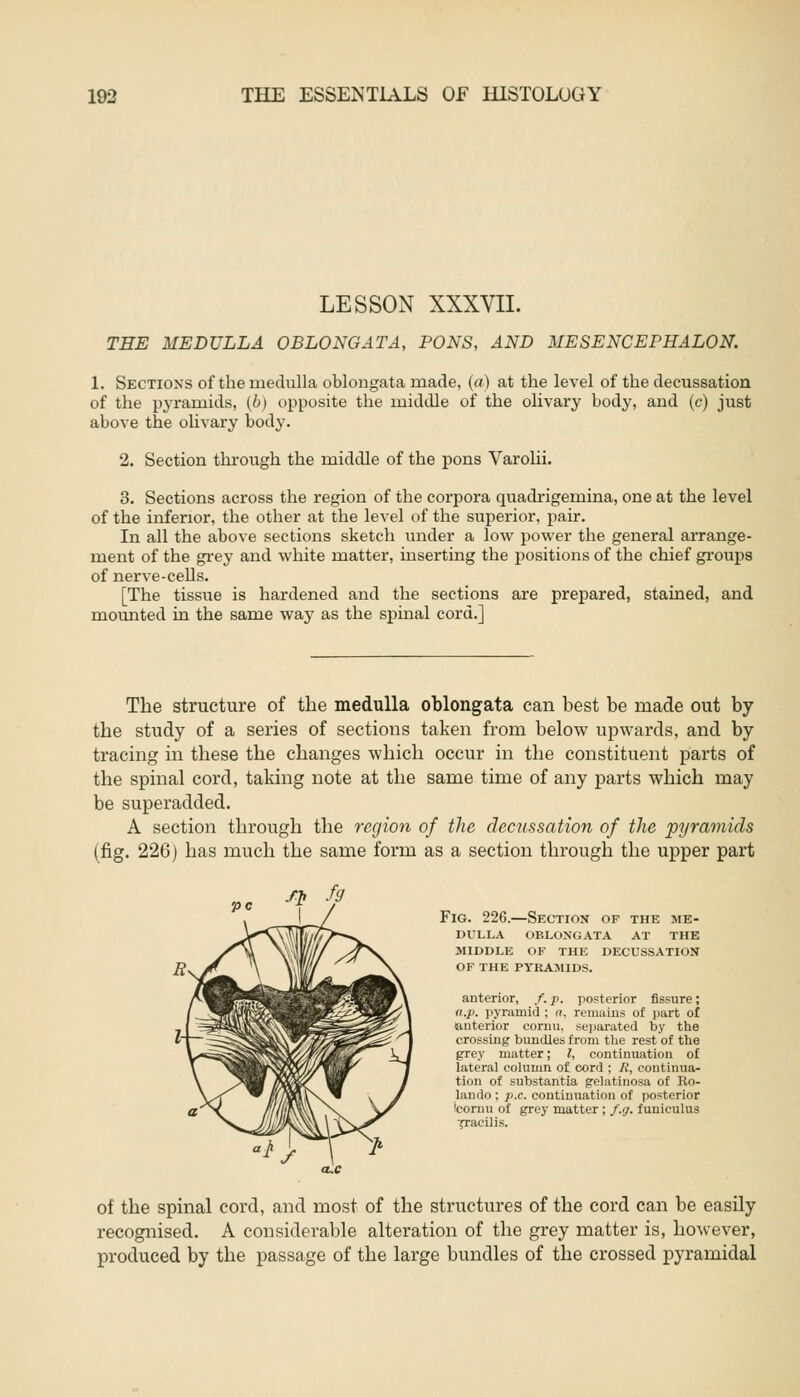 LESSON XXXVII. THE MEDULLA OBLONGATA, PONS, AND MESENCEPHALON. 1. Sections of the medulla oblongata made, (a) at the level of the decussation of the pyramids, (b) opposite the middle of the olivary body, and (c) just above the olivary body. 2. Section through the middle of the pons Varolii. 3. Sections across the region of the corpora quadrigemina, one at the level of the inferior, the other at the level of the superior, pair. In all the above sections sketch under a low power the general arrange- ment of the grey and white matter, inserting the positions of the chief groups of nerve-cells. [The tissue is hardened and the sections are prepared, stained, and mounted in the same way as the spinal cord.] The structure of the medulla oblongata can best be made out by the study of a series of sections taken from below upwards, and by tracing in these the changes which occur in the constituent parts of the spinal cord, taking note at the same time of any parts which may be superadded. A section through the region of the decussation of the pyramids (fig. 226) has much the same form as a section through the upper part ft fg Fig. 226.—Section of the me- dulla OBLONGATA AT THE MIDDLE OF THE DECUSSATION OF THE PYRAMIDS. anterior, /. p. posterior fissure; a.]: pyramid ; a, remains of part of anterior cornu, separated by the crossing bundles from the rest of the grey matter; I, continuation of lateral column of cord ; R, continua- tion of substantia gelatinosa of Ro- lando ; p.c. continuation of posterior teomu of grey matter ; /.</. funiculus rracilis. of the spinal cord, and most of the structures of the cord can be easily recognised. A considerable alteration of the grey matter is, however, produced by the passage of the large bundles of the crossed pyramidal