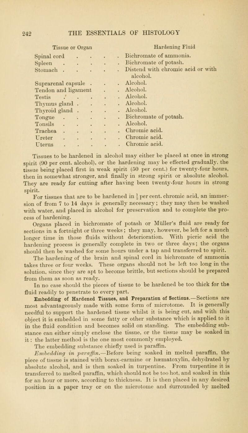 Tissue or Organ Hardening Fluid Spinal cord Spleen Stomach . Suprarenal capsule . Tendon and ligament Testis Thymus gland . Thyroid gland . Tongue Tonsils Trachea Ureter Uterus Bichromate of ammonia. Bichromate of potash. Distend with chromic acid or with alcohol. Alcohol. Alcohol. Alcohol. Alcohol. Alcohol. Bichromate of potash. Alcohol. Chromic acid. Chromic acid. Chromic acid. Tissues to be hardened in alcohol may either be placed at once in strong spirit (90 per cent, alcohol), or the hardening may be effected gradually, the tissue being placed first in weak spirit (50 per cent.) for twenty-four hours, then in somewhat stronger, and finally in strong spirit or absolute alcohol. They are ready for cutting after having been twenty-four hours in strong spirit. For tissues that are to be hardened in l per cent, chromic acid, an immer- sion of from 7 to 14 days is generally necessary ; they may then be washed with water, and placed in alcohol for preservation and to complete the pro- cess of hardening. Organs placed in bichromate of potash or Midler's fluid are ready for sections in a fortnight or three weeks; they may, however, be left for a much longer time in those fluids without deterioration. With picric acid the hardening process is generally complete in two or three days; the organs should then be washed for some hours under a tap and transferred to spirit. The hardening of the brain and spinal cord in bichromate of ammonia takes three or four weeks. These organs should not be left too long in the solution, since they are apt to become brittle, but sections should be prepared from them as soon as ready. In no case should the pieces of tissue to be hardened be too thick for the fluid readily to penetrate to every part. Embedding of Hardened Tissues, and Preparation of Sections.—Sections are most advantageously made with some form of microtome. It is generally needful to support the hardened tissue whilst it is being cut, and with this object it is embedded in some fatty or other substance which is applied to it in the fluid condition and becomes solid on standing. The embedding sub- stance can either simply enclose the tissue, or the tissue may be soaked in it: the latter method is the one most commonly employed. The embedding substance chiefly used is paraffin. Embedding in paraffin.—Before being soaked in melted paraffin, the piece of tissue is stained with borax-carmine or hematoxylin, dehydrated by absolute alcohol, and is then soaked in turpentine. From turpentine it is transferred to melted paraffin, which should not be too hot. and soaked in this for an hour or more, according to thickness. It is then placed in any desired position in a paper tray or on the microtome and surrounded by melted