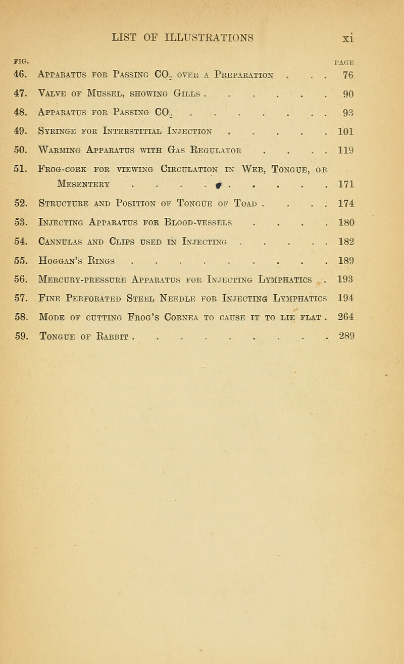 riG. PAGK 46. Appaeatus for Passing CO., over a Preparation . . . 76 47. Valve of Mussel, showing Gills ...... 90 48. Apparatus foe Passing CO.^ 93 49. Syringe foe Interstitial Injection 101 50. Warming App.aratus with Gas Eegulatoe . . . . 119 51. Frog-coek for viewing Circulation in Web, Tongue, oe Mesenteey . . . . # 171 52. Steuctuee and Position of Tongue of Toad . ... 174 53. Injecting Apparatus for Blood-vessels .... 180 54. Cannulas and Clips used in Injecting 182 55. Hoggan's Eings 189 56. Mercury-peessuee Apparatus foe Injecting Lymphatics . 193 57. Fine Perforated Steel Needle foe Injecting Lymphatics 194 58. Mode of cutting Feog's Coenea to cause it to lie flat . 264 59. Tongue of Kabbit • 289