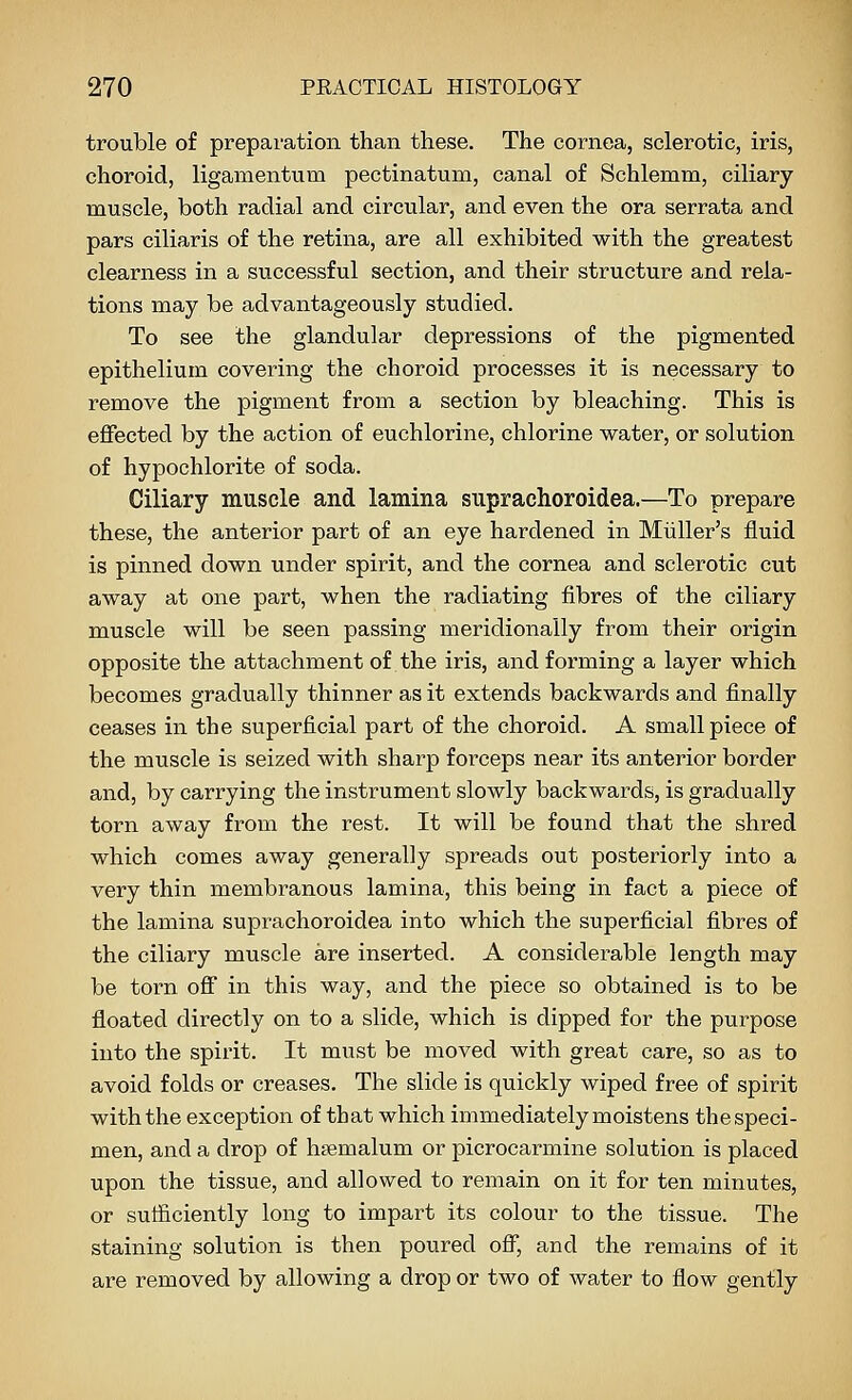 trouble of prepai-ation than these. The cornea, sclerotic, iris, choroid, ligamentum pectinatum, canal of Schlemm, ciliary muscle, both radial and circular, and even the ora serrata and pars ciliaris of the retina, are all exhibited with the greatest clearness in a successful section, and their structure and rela- tions may be advantageously studied. To see the glandular depressions of the pigmented epithelium covering the choroid processes it is necessary to remove the pigment from a section by bleaching. This is eflFected by the action of euchlorine, chlorine water, or solution of hypochlorite of soda. Ciliary muscle and lamina suprachoroidea.—To prepare these, the anterior part of an eye hardened in Miiller's fluid is pinned down under spirit, and the cornea and sclerotic cut away at one part, when the radiating fibres of the ciliary muscle will be seen passing meridionally from their origin opposite the attachment of the iris, and forming a layer which becomes gradually thinner as it extends backwards and finally ceases in the superficial part of the choroid. A small piece of the muscle is seized with sharp forceps near its anterior border and, by carrying the instrument slowly backwards, is gradually torn away from the rest. It will be found that the shred which comes away generally spreads out posteriorly into a very thin membranous lamina, this being in fact a piece of the lamina suprachoroidea into which the superficial fibres of the ciliary muscle are inserted. A considerable length may be torn off in this way, and the piece so obtained is to be floated directly on to a slide, which is dipped for the pui^pose into the spirit. It must be moved with great care, so as to avoid folds or creases. The slide is quickly wiped free of spirit with the exception of that which immediately moistens the speci- men, and a drop of hsemalum or picrocarmine solution is placed upon the tissue, and allowed to remain on it for ten minutes, or sufficiently long to impart its colour to the tissue. The staining solution is then poured off, and the remains of it are removed by allowing a drop or two of water to flow gently