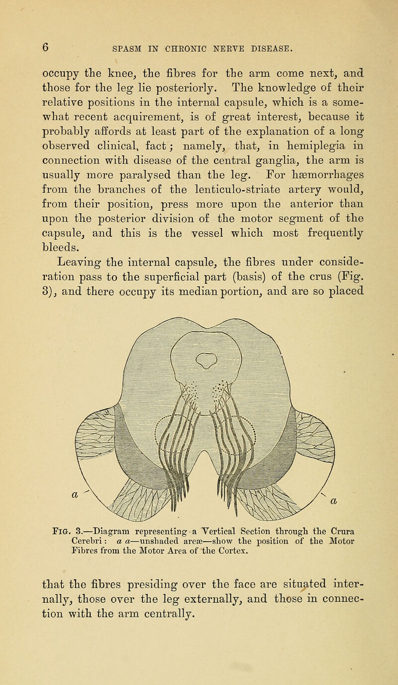 occupy the knee^ the fibres for the arm come next^ and those for the leg lie posteriorly. The knowledge of their relative positions in the internal capsule, which is a some- what recent acquirement, is of great interest, because it probably affords at least part of the explanation of a long observed clinical, fact; namely, that, in hemiplegia in connection with disease of the central ganglia, the arm is usually more paralysed than the leg. For haemorrhages from the branches of the lenticulo-striate artery would, from their position, press more upon the anterior than upon the posterior division of the motor segment of the capsule, and this is the vessel which most frequently bleeds. Leaving the internal capsule, the fibres under conside- ration pass to the superficial part (basis) of the crus (Fig. 3), and there occupy its median portion, and are so placed FiQ-. 3.—Diagram representing a Vertical Section through the Crura Cerebri: a a—unshaded areaa—show the position of the Motor Fibres from the Motor Area of the Cortex. that the fibres presiding over the face are situated inter- nally, those over the leg externally, and those in connec- tion with the arm centrally.