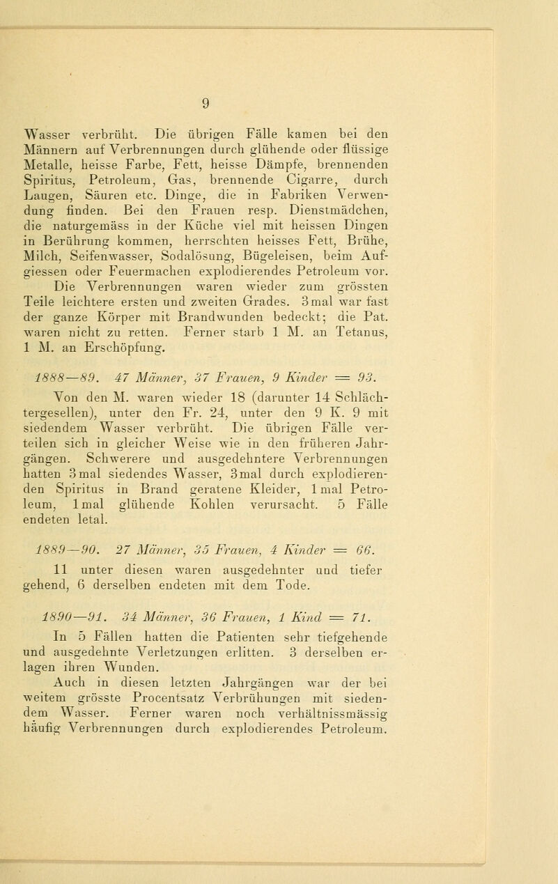 Wasser verbrüht. Die übrigen Fälle kamen bei den Männern auf Verbrennungen durch glühende oder flüssige Metalle, heisse Farbe, Fett, heisse Dämpfe, brennenden Spiritus, Petroleum, Gas, brennende Cigarre, durch Laugen, Säuren etc. Dinge, die in Fabriken Verwen- dung finden. Bei den Frauen resp. Dienstmädchen, die naturgemäss in der Küche viel mit heissen Dingen in Berührung kommen, herrschten heisses Fett, Brühe, Milch, Seifenwasser, Sodalösung, Bügeleisen, beim Auf- giessen oder Feuermachen explodierendes Petroleum vor. Die Verbrennungen waren wieder zum grössten Teile leichtere ersten und zweiten Grades. 3 mal war fast der ganze Körper mit Brandwunden bedeckt; die Pat. waren nicht zu retten. Ferner starb 1 M. an Tetanus, 1 M. an Erschöpfung. 1888—89. 47 Männer, 37 Frauen, 9 Kinder = 93. Von den M. waren wieder 18 (darunter 14 Schläch- tergesellen), unter den Fr. 24, unter den 9 K. 9 mit siedendem Wasser verbrüht. Die übrigen Fälle ver- teilen sich in gleicher Weise wie in den früheren Jahr- gängen. Schwerere und ausgedehntere Verbrennungen hatten 3mal siedendes Wasser, 3mal durch explodieren- den Spiritus in Brand geratene Kleider, 1 mal Petro- leum, lrnal glühende Kohlen verursacht. 5 Fälle endeten letal. 1889—90. 27 Männer, 35 Frauen, 4 Kinder = 66. 11 unter diesen waren ausgedehnter und tiefer gehend, 6 derselben endeten mit dem Tode. 1890—91. 34 Männer, 36 Frauen, 1 Kind = 71. In 5 Fällen hatten die Patienten sehr tiefgehende und ausgedehnte Verletzungen erlitten. 3 derselben er- lagen ihren Wunden. Auch in diesen letzten Jahrgängen war der bei weitem grösste Procentsatz Verbrühungen mit sieden- dem Wasser. Ferner waren noch verhältnissmässig häufig Verbrennungen durch explodierendes Petroleum.