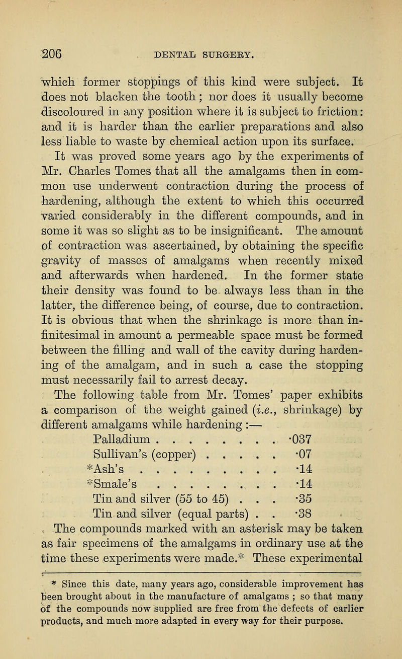 whictL former stoppings of this kind were subject. It does not blacken the tooth; nor does it usually become discoloured in any position where it is subject to friction: and it is harder than the earlier preparations and also less liable to waste by chemical action upon its surface. It was proved some years ago by the experiments of Mr. Charles Tomes that all the amalgams then in com- mon use underwent contraction during the process of hardening, although the extent to which this occurred varied considerably in the different compounds, and in some it was so slight as to be insignificant. The amount of contraction was ascertained, by obtaining the specific gravity of masses of amalgams when recently mixed and afterwards when hardened. In the former state their density was found to be always less than in the latter, the difference being, of course, due to contraction. It is obvious that when the shrinkage is more than in- finitesimal in amount a permeable space must be formed between the filling and wall of the cavity during harden- ing of the amalgam, and in such a case the stopping must necessarily fail to arrest decay. The following table from Mr. Tomes' paper exhibits a comparison of the weight gained (i.e., shrinkage) by different amalgams while hardening :— Palladium -037 Sullivan's (copper) -07 *Ash's -14 *Smale's . 44 Tin and silver (55 to 45) ... -35 Tin and silver (equal parts) . . 38 . c The compounds marked with an asterisk may be taken as fair specimens of the amalgams in ordinary use at the time these experiments were made.'' These experimental * Since this date, many years ago, considerable improvement has been brought about in the manufacture of amalgams ; so that many of the compounds now supplied are free from the defects of earlier products, and much more adapted in every way for their purpose.
