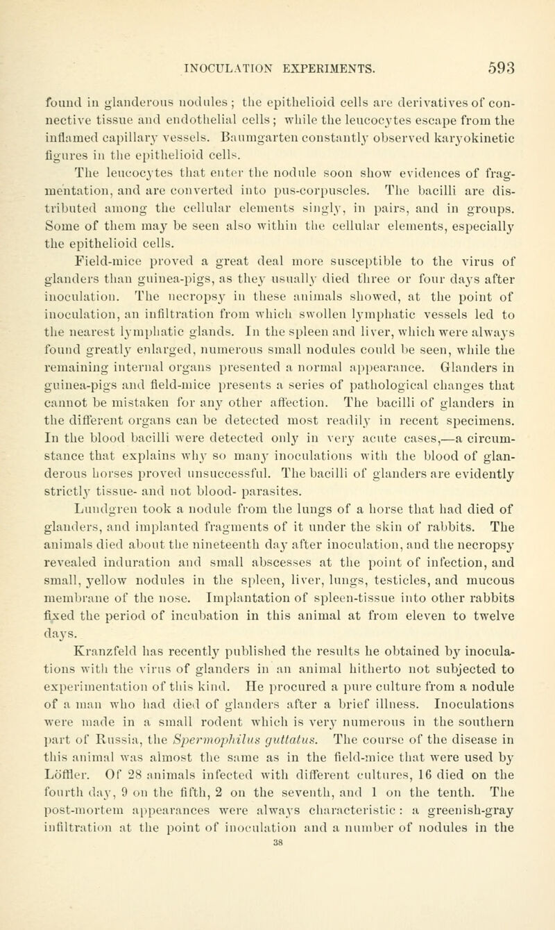 fuund ill glanderous nodules; the epithelioid cells are derivatives of con- nective tissue and endothelial cells; while the leucocytes escape from the inflamed capillary vessels. Baumgarten constantly observed karyokinetic figures in the epithelioid cells. The leucocytes that enter the nodule soon show evidences of frag- mentation, and are converted into pus-corpuscles. The bacilli are dis- tributed among the cellular elements singly, in pairs, and in groups. Some of them may be seen also within tlie cellular elements, especiallj'^ the epithelioid cells. Field-mice proved a great deal more susceptible to the virus of glanders tlian guinea-pigs, as they usually died three or four da^'S after inoculation. The necropsy in these niiimals showed, at the point of inoculation, an infiltration from which swollen Ij'inphatic vessels led to the nearest lymphatic glands. In the spleen and liver, which were always found greatly enlarged, numerous small nodules could be seen, while the remaining internal organs presented a normal appearance. Glanders in guinea-pigs and field-mice presents a series of pathological changes that cannot be mistaken for any other aftection. The bacilli of glanders in the different organs can be detected most readily in recent specimens. In the blood bacilli were detected onl3' in very acute cases,—a circum- stance that explains wh}' so man}' inoculations with the blood of glan- derous horses proved unsuccessful. The bacilli of glanders are evidently strictly tissue- and not blood- parasites. Lundgren took a nodule from the lungs of a horse that had died of glanders, and implanted fragments of it under the skin of rabbits. The animals died about the nineteenth da}' after inoculation, and the necropsy revealed induration and small abscesses at the point of infection, and small, yellow nodules in the spleen, liver, lungs, testicles, and mucous membrane of the nose. Implantation of spleen-tissue into other rabbits fi^ed the period of incubation in this animal at from eleven to twelve days. Kranzfeld has recently published the results he obtained by inocula- tions with the virus of glanders in an animal hitherto not subjected to experimentation of this kind. He procured a pure culture from a nodule of a man who had died of glanders after a brief illness. Inoculations were made in a small rodent which is veiy numerous in the southern ])art of Russia, the Spermophilus guttatus. The course of the disease in this animal was almost the same as in the field-mice that were used by Loffler. Of 28 animals infected with different cultures, 16 died on the fourth day, 9 on the fifth, 2 on the seventh, and 1 on the tenth. The post-mortem appearances were always characteristic : a greenish-gray infiltration at the point of inoculation and a number of nodules in the 38