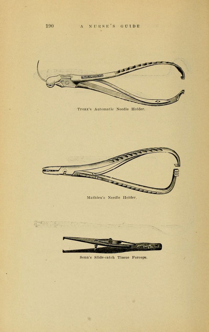 Trnax's Automatic Needle Holder. Matliieti's Needle Holder. Scnn's Slide-catch Tissue Forceps.