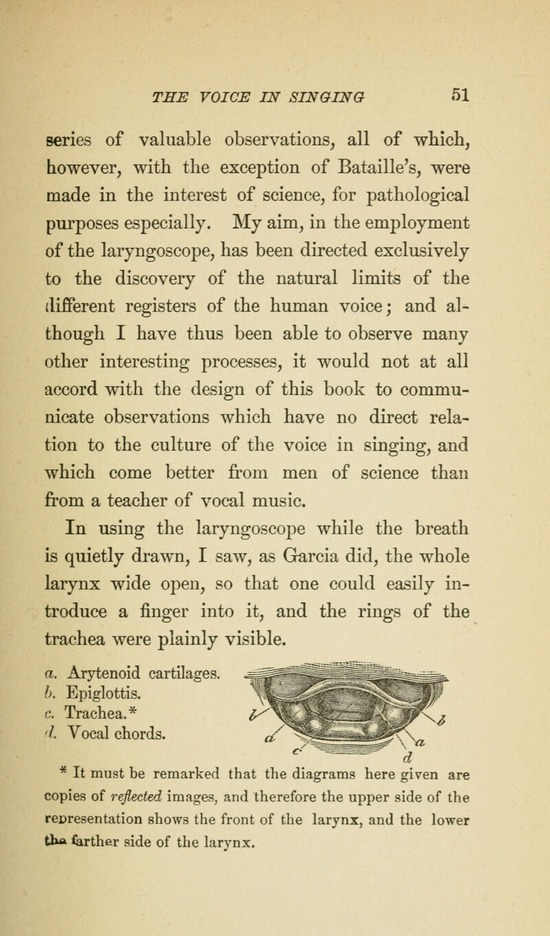 series of valuable observations, all of which, however, with the exception of Bataille's, were made in the interest of science, for pathological purposes especially. My aim, in the employment of the laryngoscope, has been directed exclusively to the discovery of the natural limits of the different registers of the human voice; and al- though I have thus been able to observe many other interesting processes, it would not at all accord with the design of this book to commu- nicate observations which have no direct rela- tion to the culture of the voice in singing, and which come better from men of science than from a teacher of vocal music. In using the laryngoscope while the breath is quietly drawn, I saw, as Garcia did, the whole larynx wide open, so that one could easily in- troduce a finger into it, and the rings of the trachea were plainly visible. * It must be remarked that the diagrams here given are copies of reflected images, and therefore the upper side of the representation shows the front of the larynx, and the lower th* farther side of the larynx.