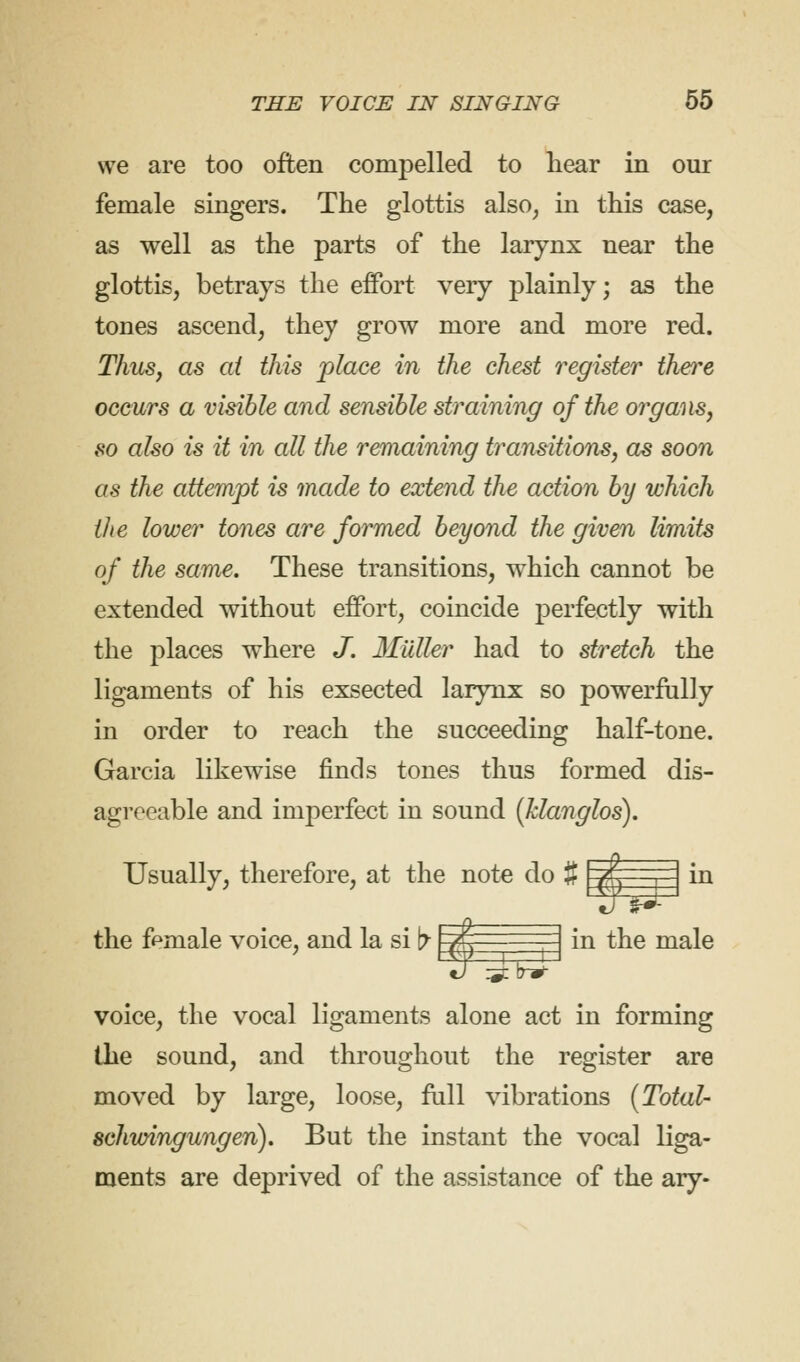 we are too often compelled to hear in our female singers. The glottis also, in this case, as well as the parts of the larynx near the glottis, betrays the effort very plainly; as the tones ascend, they grow more and more red. Thus, as at this place in the chest register there occurs a visible and sensible straining of the organs, so also is it in all the remaining transitions, as soon as the attempt is made to extend the action by which the lower tones are formed beyond the given limits of the same. These transitions, which cannot be extended without effort, coincide perfectly with the places where J. Midler had to stretch the ligaments of his exsected larynx so powerfully in order to reach the succeeding half-tone. Garcia likewise finds tones thus formed dis- agreeable and imperfect in sound (Jclanglos). Usually, therefore, at the note do $ f* in the fpmale voice, and la si b- ~7k ^ in the male J :st trJ- 9 voice, the vocal ligaments alone act in forming the sound, and throughout the register are moved by large, loose, full vibrations (Total- 8chwingungen). But the instant the vocal liga- ments are deprived of the assistance of the ary-