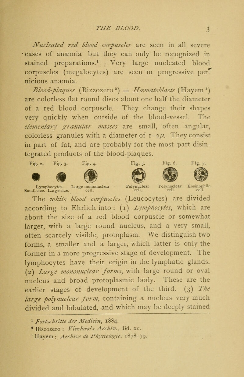 Nucleated red blood corpuscles are seen in all severe ' cases of anaemia but they can only be recognized in stained preparations.^ Very large nucleated blood corpuscles (megalocytes) are seen m progressive per- nicious anaemia. Blood-plaques (Bizzozero ^) = Hcematoblasts (Hayem ^) are colorless flat round discs about one half the diameter of a red blood corpuscle. They change their shapes very quickly when outside of the blood-vessel. The elei}ienta7'y graiiular masses are small, often angular, colorless granules with a diameter of 1-2//. They consist in part of fat, and are probably for the most part disin- tegrated products of the blood-plaques. Fig. 2. Fig. 3. Fig. 4. Fig. 5. Fig. 6. Fig. 7. Lymphocytes. Large mononuclear Polynuclear Polynuclear Eosinophile Small size. Large size. cell. cell. cell. cell. The white blood corpuscles (Leucocytes) are divided according to Ehrlich into : (i) Lymphocytes., which are about the size of a red blood corpuscle or somewhat larger, with a large round nucleus, and a very small, often scarcely visible, protoplasm. We distinguish two forms, a smaller and a larger, which latter is only the former in a more progressive stage of development. The lymphocytes have their origin in the lymphatic glands. (2) Large mononuclear forms.^ with large round or oval nucleus and broad protoplasmic body. These are the earlier stages of development of the third. (3) The large polynuclear forni, containing a nucleus very much divided and lobulated, and which may be deeply stained 1 Fortschritte der Medicin, 1884.  Bizzozero : Virchows Archiv., Bd. xc. ■^Hayem : Archive de Physiologie, 1878-79.
