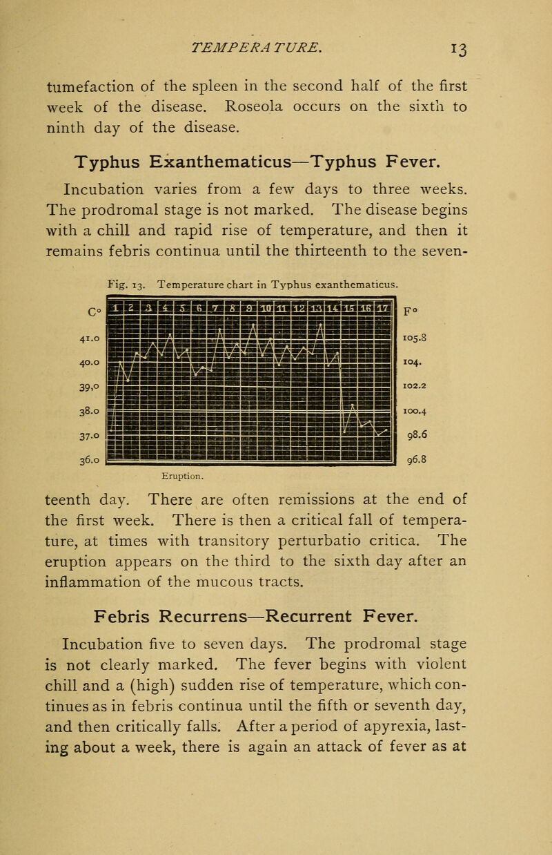 tumefaction of the spleen in the second half of the first week of the disease. Roseola occurs on the sixth to ninth day of the disease. Typhus Exanthematicus—Typhus Fever. Incubation varies from a few days to three weeks. The prodromal stage is not marked. The disease begins with a chill and rapid rise of temperature, and then it remains febris continua until the thirteenth to the seven- Fig. 13. Temperature chart in Typhus exanthematicus. C° 41.0 40.0 39,0 38.0 37-0 36.0 lüiBiigiiiiiiiii 105.8 104. 102.2 100.4 98.6 96.8 Eruption. teenth day. There are often remissions at the end of the first week. There is then a critical fall of tempera- ture, at times with transitory perturbatio critica. The eruption appears on the third to the sixth day after an inflammation of the mucous tracts. Febris Recurrens—Recurrent Fever. Incubation five to seven days. The prodromal stage is not clearly marked. The fever begins with violent chill and a (high) sudden rise of temperature, which con- tinues as in febris continua until the fifth or seventh day, and then critically falls. After a period of apyrexia, last- ing about a week, there is again an attack of fever as at