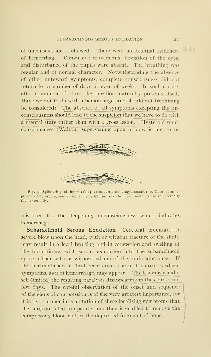 of unconsciousness followed. There were no external evidences of hemorrhage. Convulsive movements, deviation of the eyes, and disturbance of the pupils were absent. The breathing was regular and of normal character. Notwithstanding the absence of other untoward symptoms, complete consciousness did not return for a number of days or even of weeks. In such a case, after a number of days the question naturally presents itself, Have we not to do with a hemorrhage, and should not trephining be considered? The absence of all symptoms excepting the un- consciousness should lead to the suspicion that we have to do with a mental state rather than with a gross lesion. Hysteroid semi- consciousness (Walton)' supervening upon a blow is not to be Fig. 5.—Splintering of inner table; cross-sections; diagrammatic: a. Usual form ot punctate fracture ; d, shows that a linear fracture may be much more extensive internally than externally. mistaken for the deepening unconsciousness which indicates hemorrhage. Subarachnoid Serous Exudation (Cerebral Edema).—A severe blow upon the head, with or without fracture of the skull, may result in a local bruising and in congestion and swelling of the brain-tissue, with serous exudation into the subarachnoid space, either with or without edema of the brain-substance. If this accumulation of fluid occurs over the motor area, localized symptoms, as if of hemorrhage, may appear. The lesion is usually self-limited, the resulting paralysis disappearing in the cqurse^of a_ few days. The careful observation of the onset and sequence 1 of the signs of compression is of the very greatest importance, for it is by a proper interpretation of these localizing symptoms that \ the surgeon is led to operate, and then is enabled to remove the ' compressing blood-clot or the depressed fragment of bone. 1