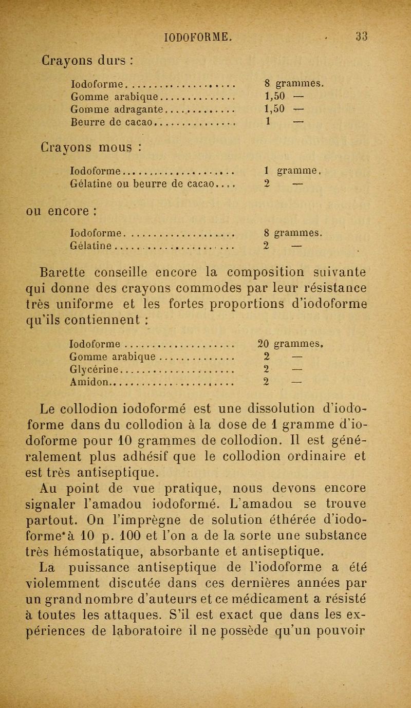 Crayons durs : lodoforme 8 grammes. Gomme arabique 1,50 — Gomme adragante 1,50 — Beurre de cacao 1 — Crayons mous : lodoforme 1 gramme. Gélatine ou beurre de cacao.... 2 — OU encore : lodoforme 8 grammes. Gélatine ... 2 — Barette conseille encore la composition suivante qui donne des crayons commodes par leur résistance très uniforme et les fortes proportions d'iodoforme qu'ils contiennent : lodoforme 20 grammes. Gomme arabique 2 — Glycérine 2 — Amidon 2 — Le collodion iodoformé est une dissolution d'iodo- forme dans du collodion à la dose de 1 gramme d'io- doforme pour 10 grammes de collodion. Il est géné- ralement plus adhésif que le collodion ordinaire et est très antiseptique. Au point de vue pratique, nous devons encore signaler l'amadou iodoformé. L'amadou se trouve partout. On l'imprègne de solution éthérée d'iodo- forme* à 10 p. 100 et l'on a de la sorte une substance très hémostatique, absorbante et antiseptique. La puissance antiseptique de l'iodoforme a été violemment discutée dans ces dernières années par un grand nombre d'auteurs et ce médicament a résisté à toutes les attaques. S'il est exact que dans les ex- périences de laboratoire il ne possède qu'un pouvoir