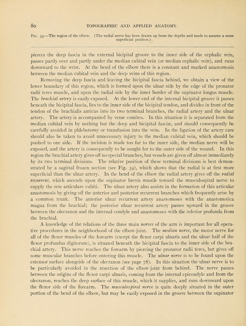 Fig. 33.—-The region of the elbow. (The radial nerve has been drawn up from the depths and made to assume a more superficial position.) pierces the deep fascia in the external bicipital groove to the inner side of the cephalic vein, passes partly over and partly under the median cubital vein (or median cephahc vein), and runs downward to the wrist. At the bend of the elbow there is a constant and marked anastomosis between the median cubital vein and the deep veins of this region. Removing the deep fascia and leaving the bicipital fascia behind, we obtain a view of the lower boundary of this region, which is formed upon the ulnar side by the edge of the pronator radii teres muscle, and upon the radial side by the inner border of the supinator longus muscle. • The brachial artery is easily exposed. At the lower end of the internal bicipital groove it passes beneath the bicipital fascia, lies to the inner side of the bicipital tendon, and divides in front of the tendon of the brachiahs anticus into its two terminal branches, the radial artery and the ulnar artery. The artery is accompanied by venae comites. In this situation it is separated from the median cubital vein by nothing but the deep and bicipital fascia, and should consequently be carefully avoided in phlebotomy or transfusion into the vein. In the hgation of the artery care should also be taken to avoid unnecessary injury to the median cubital vein, which should be pushed to one side. If the incision is made too far to the inner side, the median nerve will be exposed, and the artery is consequently to be sought for to the outer side of the wound. In this region the brachial artery gives off no special branches, but vessels are given off almost immediately by its two terminal divisions. The relative position of these terminal divisions is best demon- strated by a sagittal frozen section (see Fig. 34), which shows that the radial is at first more superficial than the ulnar artery. In the bend of the elbow the radial artery gives off the radial recurrent, which ascends upon the supinator brevis muscle toward the musculospiral nerve to supply the rete articulare cubiti. The ulnar artery also assists in the formation of this articular anastomosis by giving off the anterior and posterior recurrent branches which frequently arise by a common trunk. The anterior ulnar recurrent artery anastomoses with the anastomotica magna from the brachial; the posterior ulnar recurrent arterj' passes upward in the groove between the olecranon and the internal condyle and anastomoses with the inferior profunda from the brachial. A knowledge of the relations of the three main nerves of the arm is important for all opera- tive procedures in the neighborhood of the elbow-joint. The median nerve, the motor nerve for aU of the flexor muscles of the forearm (except the flexor carpi ulnaris and the ulnar half of the flexor profundus digitorum), is situated beneath the bicipital fascia to the inner side of the bra- chial artery. This nerve reaches the forearm by piercing the pronator radii teres, but gives off some muscular branches before entering this muscle. The ulnar nerve is to be found upon the extensor surface alongside of the olecranon (see page 78). In this situation the ulnar nerve is to be particularly avoided in the resection of the elbow-joint from behind. The nerve passes between the origins of the flexor carpi ulnaris, coming from the internal epicondyle and from the olecranon, reaches the deep surface of this muscle, which it supphes, and runs downward upon the flexor side of the forearm. The inusculospiral nerve is quite deeply situated in the outer portion of the bend of the elbow, but may be easily exposed in the groove between the supinator