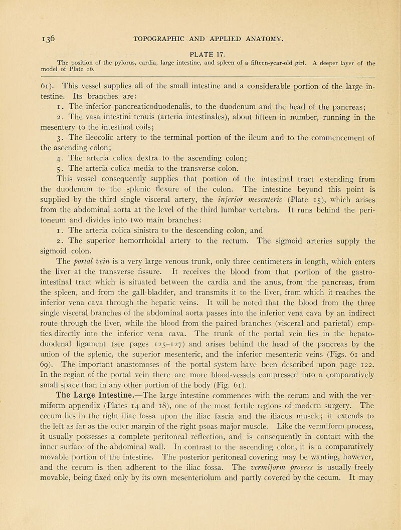 PLATE 17. The position of the pylorus, cardia, large intestine, and spleen of a fifteen-year-old girl. A deeper layer of the model of Plate 16. 61). This vessel supplies all of the small intestine and a considerable portion of the large in- testine. Its branches are: 1. The inferior pancreaticoduodenalis, to the duodenum and the head of the pancreas; 2. The vasa intestini tenuis (arteria intestinales), about fifteen in number, running in the mesentery to the intestinal coils; 3. The ileocohc artery to the terminal portion of the ileum and to the commencement of the ascending colon; 4. The arteria colica dextra to the ascending colon; 5. The arteria colica media to the transverse colon. This vessel consequently supplies that portion of the intestinal tract extending from the duodenum to the splenic flexure of the colon. The intestine beyond this point is supplied by the third single visceral artery, the inferior mesenteric (Plate 15), which arises from the abdominal aorta at the level of the third lumbar vertebra. It runs behind the peri- toneum and divides into two main branches: 1. The arteria colica sinistra to the descending colon, and 2. The superior hemorrhoidal artery to the rectum. The sigmoid arteries supply the sigmoid colon. The portal vein is a very large venous trunk, only three centimeters in length, which enters the liver at the transverse fissure. It receives the blood from that portion of the gastro- intestinal tract which is situated between the cardia and the anus, from the pancreas, from the spleen, and from the gall-bladder, and transmits it to the liver, from which it reaches the inferior vena cava through the hepatic veins. It will be noted that the blood from the three single visceral branches of the abdominal aorta passes into the inferior vena cava by an indirect route through the liver, while the blood from the paired branches (visceral and parietal) emp- ties directly into the inferior vena cava. The trunk of the portal vein lies in the hepato- duodenal ligament (see pages 125-127) and arises behind the head of the pancreas by the tmion of the splenic, the superior mesenteric, and the inferior mesenteric veins (Figs. 61 and 69). The important anastomoses of the portal system have been described upon page 122. In the region of the portal vein there are more blood-vessels compressed into a comparatively small space than in any other portion of the body (Fig. 61). The Large Intestine.—The large intestine commences with the cecum and with the ver- miform appendix (Plates 14 and 18), one of the most fertile regions of modern surgery. The cecum lies in the right iliac fossa upon the iliac fascia and the iliacus muscle; it extends to the left as far as the outer margin of the right psoas major muscle. Like the vermiform process, it usually possesses a complete peritoneal reflection, and is consequently in contact with the inner surface of the abdominal wall. In contrast to the ascending colon, it is a comparatively movable portion of the intestine. The posterior peritoneal covering may be wanting, however, and the cecum is then adherent to the iliac fossa. The vermiform process is usually freely movable, being fixed only by its own mesenteriolum and partly covered by the cecum. It may