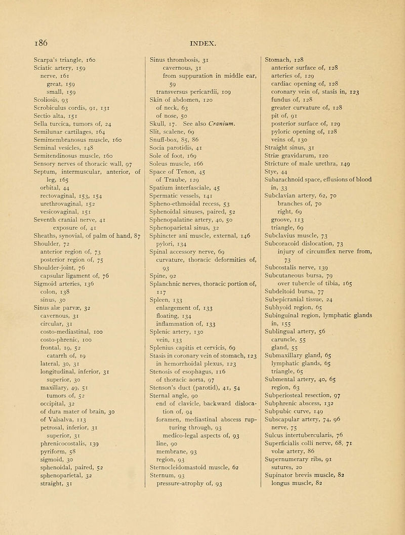 Scarpa's triangle, i6o Sciatic artery, 159 nerve, 161 great, 159 small, 159 Scoliosis, 93 Scrobiculus cordis, gi, 131 Sectio alta, 151 Sella turcica, tumors of, 24 Semilunar cartilages, 164 Semimembranosus muscle, 160 Seminal vesicles, 148 Semitendinosus muscle, 160 Sensory ner\-es of thoracic wall, 97 Septum, intermuscular, anterior, of leg, 165 orbital, 44 rectovaginal, 153, 154 urethrovaginal, 152 vesicovaginal, 151 Seventh cranial nerve, 41 exposure of, 41 Sheaths, synovial, of palm of hand, 87 Shoulder, 72 anterior region of, 73 posterior region of, 75 Shoulder-joint, 76 capsular ligament of, 76 Sigmoid arteries, 136 colon, 138 sinus, 30 Sinus alas parvae, 32 cavernous, 31 circular, 31 costo-mediastinal, 100 costo-phrenic, 100 frontal, 19, 52 catarrh of, 19 lateral, 30, 31 longitudinal, inferior, 31 superior, 30 maxillary, 49, 51 tumors of, 52 occipital, 32 of dura mater of brain, 30 of Valsalva, 113 petrosal, inferior, 31 superior, 31 phrenicocostalis, 139 pyriform, 58 sigmoid, 30 sphenoidal, paired, 52 sphenoparietal, 32 straight, 31 Sinus thrombosis, 31 cavernous, 31 from suppuration in middle ear, S9 transversus pericardii, 109 Skin of abdomen, 120 of neck, 63 of nose, 50 Skull, 17. See also Cranium. Slit, scalene, 69 Snuff-box, 85, 86 Socia parotidis, 41 Sole of foot, 169 Soleus muscle, 166 Space of Tenon, 45 of Traube, 129 Spatium interfasciale, 45 Spermatic vessels, 141 Spheno-ethmoidal recess, 53 Sphenoidal sinuses, paired, 52 Sphenopalatine artery, 40, 50 Sphenoparietal sinus, 32 Sphincter ani muscle, external, 146 pylori, 134 Spinal accessory nerve, 69 curvature, thoracic deformities of, 93 Spine, 92 Splanchnic nerves, thoracic portion of, 117 Spleen, 133 enlargement of, 133 floating, 134 inflammation of, 133 Splenic arterj', 130 vein, 133 Splenius capitis et cer\'icis, 69 Stasis in coronary vein of stomach, 123 in hemorrhoidal plexus, 123 Stenosis of esophagus, 116 of thoracic aorta, 97 Stenson's duct (parotid), 41, S4 Sternal angle, 90 end of clavicle, backward disloca- tion of, 94 foramen, mediastinal abscess rup- turing through, 93 medico-legal aspects of, 93 line, 90 membrane, 93 region, 93 Sternocleidomastoid muscle, 62 Sternum, 93 pressure-atrophy of, 93 Stomach, 128 anterior surface of, 128 arteries of, 129 cardiac opening of, 128 coronary vein of, stasis in, 123 fundus of, 128 greater curvature of, 128 pit of, 91 posterior surface of, 129 pyloric opening of, 128 veins of, 130 Straight sinus, 31 Striae gravidarum, 120 Stricture of male urethra, 149 Stye, 44 Subarachnoid space, effusions of blood in. 33 Subclavian artery, 62, 70 branches of, 70 right, 69 groove, 113 triangle, 69 Subclavius muscle, 73 Subcoracoid dislocation, 73 injury of circumflex nerve from, 73 Subcostalis nerve, 139 Subcutaneous bursa, 79 over tubercle of tibia, 165 Subdeltoid bursa, 77 Subepicranial tissue, 24 Subhyoid region, 65 Subinguinal region, lymphatic glands in. 155 Sublingual artery, 56 caruncle, 55 gland, 55 Submaxillary gland, 65 lymphatic glands, 65 triangle, 65 Submental artery, 40, 65 region, 63 Subperiosteal resection, 97 Subphrenic abscess, 132 Subpubic curve, 149 Subscapular artery, 74, 96 nerve, 75 Sulcus intertubercularis, 76 Superficialis colli nerve, 68, 71 volae artery, 86 Supernumerary ribs, 91 sutures, 20 Supinator brevis muscle, 82 longus muscle, 82