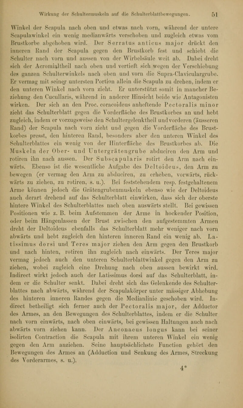 Wirkung der Schultermuskeln auf die Schulterblattbewegungen. >1 Winkel der Scapula nach oben und etwas nach vorn, während der untere Scapulawinkel ein wenig medianwärts verschoben und zugleich etwas vom Brustkorbe abgehoben wird. Der Serratus anticus major drückt den inneren Rand der Scapula gegen den Brustkorb fesl und schiebt die Schulter nach vorn und aussen von der Wirbelsäule weil ab. Dabei drehl sich der Acromialtheil nach oben und vertieft sich wegen der Verschiebung anzen Schulterwinkels nach oben und vorn die Supra-Claviculargrube. Er vermag mit seine/ untersten Portion allein die Scapula zu drehen, indem er den unteren Winkel nach vorn zieht. Er unterstützt somil in mancher Be- ziehung den Cucullaris, während in anderer Hinsicht beide wie Antagonisten wirken. Der sich an den Proc. coraeoideus anheftende Pectoralis minor zieht das Schulterblatt gegen die Vorderfläche des Brustkorbes an und hebt zugleich, indem er vorzugsweise den Schültergelenktheil und, vorderen (äusseren Rand) der Scapula nach vorn zieht und gegen die Vorderfläche des Brust- korbes presst, den hinteren Rand, besonders aber den unteren Winkel des Schulterblattes ein wenig von der Hinterfläche des Brustkorbes ab. Die Muskeln der ober- und l ntergrätengrube abduciren den Arm und rotiren ihn nach aussen. Der Subscapularis rotirt den Arm nach ein- wärts. Ebenso ist die wesentliche Aufgabe des Deltoideus, den Arm zu bewegen (er vermag den Arm zu abduciren. zu erheben, vorwärts, rück- wärts zu ziehen, zu rotiren. s. u.). Bei feststehendem resp. festgehaltenem Arme können jedoch die Grätengrubenmuskeln ebenso wie der Deltoideus auch derart drehend auf das Schulterblatt einwirken, dass sich der oberste hintere Winkel des Schulterblattes nach oben auswärts stellt. Bei gewissen Positionen wie z. B. beim Aufstemmen der Arme in hockender Position, oder beim Hängenlassen der Brusl zwischen den aufgestemmten Armen dreht der Deltoideus ebenfalls das Schulterblatt mehr weniger nach vorn abwärts und hebt zugleich den hinteren inneren Rand ein wenig ab. La- tissimus dorsi und Teres major ziehen den Arm gegen den Brustkorb und nach hinten, rotiren ihn zugleich nach einwärts. Der Teres major vermag jedoch auch den unteren Schulterblattwinkel gegen den Arm zu ziehen, wobei zugleich eine Drehung nach «dien aussen bewirkt wird. Indirect wirkt jedoch auch der Latissimus dorsi auf das Schulterblatt, in- dem er die Schulter senkt. Dabei dreht sich das Gelenkende des Schulter- blattes nach abwärts, während der Scapulakörper unter massiger Abhebung lies hinteren inneren Randes gegen die Medianlinie geschoben wird. In- direct betheiligt sich ferner auch der Pectoralis major, der Adductor des Armes, an den Bewegungen des Schulterblattes, indem er die Schulter nach vorn einwärts, nach oben einwärts, bei gewissen Haltungen auch nach abwärts vorn ziehen kann. Der Anconaeus longus kann bei seiner isolirten Contraction die Scapula mit ihrem unteren Winkel ein wenig gegen den Arm anziehen. Seine hauptsächlichste Function gehurt den Bewegungen des Armes an (Adduction und Senkung des Armes. Streckung des Vorderarmes, s. u.). 4*