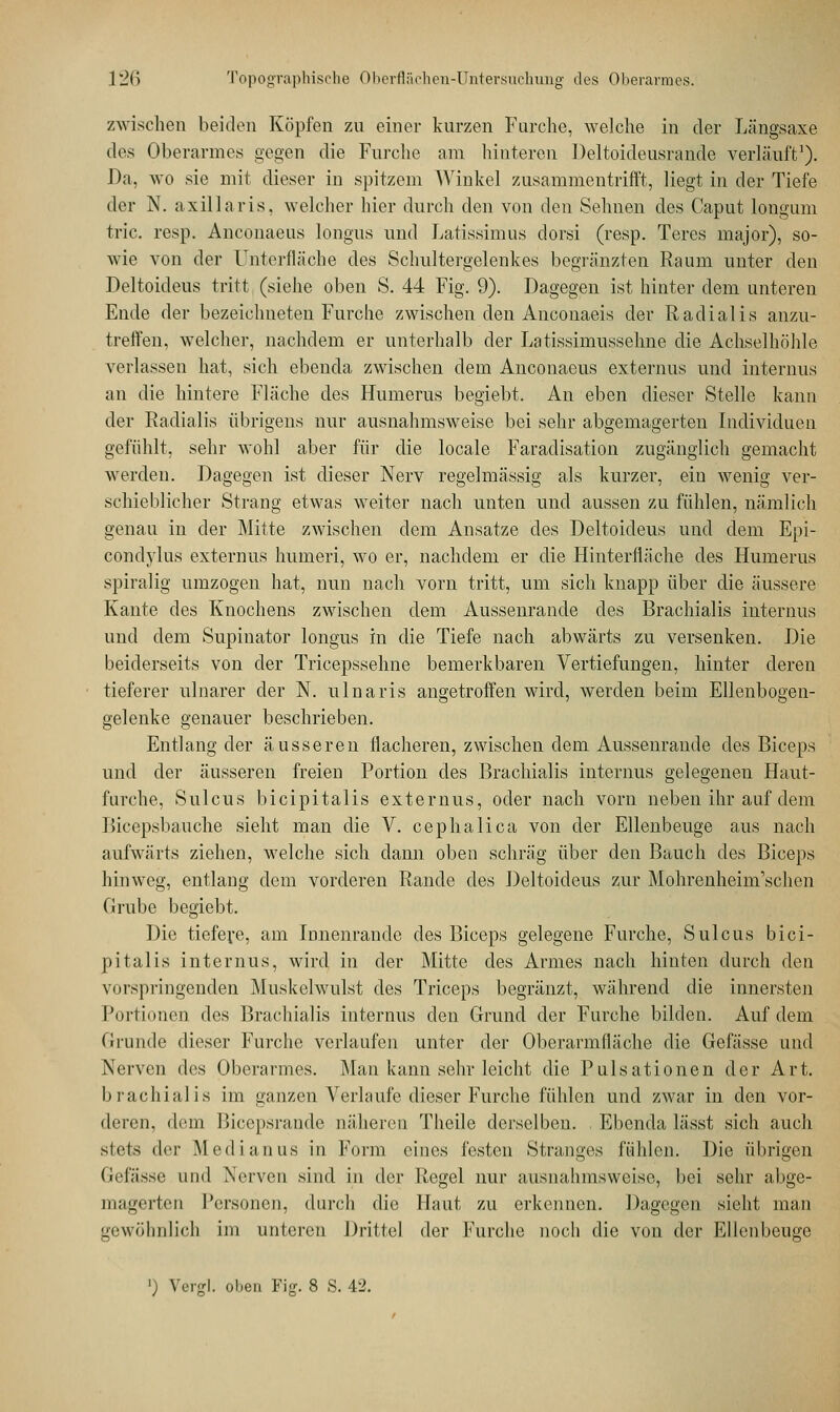 zwischen beiden Köpfen zu einer kurzen Furche, welche in der Längsaxe des Oberarmes gegen die Furche am hinteren Deltoideusrande verläuft1). Da, wo sie mit dieser in spitzem Winkel zusammentrifft, liegt in der Tiefe der N. axillaris, welcher hier durch den von den Sehnen des Caput lougum tric. resp. Anconaeus longus und Latissimus dorsi (resp. Teres major), so- wie von der Unterfläche des Schultergelenkes begränzten Raum unter den Deltoideus tritt (siehe oben S. 44 Fig. 9). Dagegen ist hinter dem unteren Ende der bezeichneten Furche zwischen den Anconaeis der Radialis anzu- treffen, welcher, nachdem er unterhalb der Latissimussehne die Achselhöhle verlassen hat, sich ebenda zwischen dem Anconaeus externus und internus an die hintere Fläche des Humerus begiebt. An eben dieser Stelle kann der Radialis übrigens nur ausnahmsweise bei sehr abgemagerten Individuen gefühlt, sehr wohl aber für die locale Faradisation zugänglich gemacht werden. Dagegen ist dieser Nerv regelmässig als kurzer, ein wenig ver- schieblicher Strang etwas weiter nach unten und aussen zu fühlen, nämlich genau in der Mitte zwischen dem Ansätze des Deltoideus und dem Epi- condylus externus hurneri, wo er, nachdem er die Hinterfläche des Humerus spiralig umzogen hat, nun nach vorn tritt, um sich knapp über die äussere Kante des Knochens zwischen dem Aussenrande des Brachialis internus und dem Supiuator longus in die Tiefe nach abwärts zu versenken. Die beiderseits von der Tricepsselme bemerkbaren Vertiefungen, hinter deren tieferer ulnarer der N. ulnaris angetroffen wird, werden beim Ellenbogen- gelenke genauer beschrieben. Entlang der äusseren flacheren, zwischen dem Aussenrande des Biceps und der äusseren freien Portion des Brachialis internus gelegenen Haut- furche, Sulcus bicipitalis externus, oder nach vorn neben ihr auf dem Bicepsbauche sieht man die V. cephalica von der Ellenbeuge aus nach aufwärts ziehen, welche sich dann oben schräg über den Bauch des Biceps hinweg, entlang dem vorderen Rande des Deltoideus zur Mohrenheim'schen Grube begiebt. Die tiefere, am Innenrande des Biceps gelegene Furche, Sulcus bici- pitalis internus, wird in der Mitte des Armes nach hinten durch den vorspringenden Muskelwulst des Triceps begränzt, während die innersten Portionen des Brachialis internus den Grund der Furche bilden. Auf dem Grunde dieser Furche verlaufen unter der Oberarmfläche die Gefässe und Nerven des Oberarmes. Man kann sehr leicht die Pulsationen der Art. brachialis im ganzen Verlaufe dieser Furche fühlen und zwar in den vor- deren, dem Bicepsrande näheren Theile derselbeu. , Ebenda, lässt sich auch stets der Medianus in Form eines festen Stranges fühlen. Die übrigen Gefässe und Nerven sind in der Regel nur ausnahmsweise, bei sehr abge- magerten Personen, durch die Haut zu erkennen. Dagegen sieht man gewöhnlich im unteren Drittel der Furche noch die von der Ellcnbeugc '-v >j Vergl oben Fig. 8 S. 42.