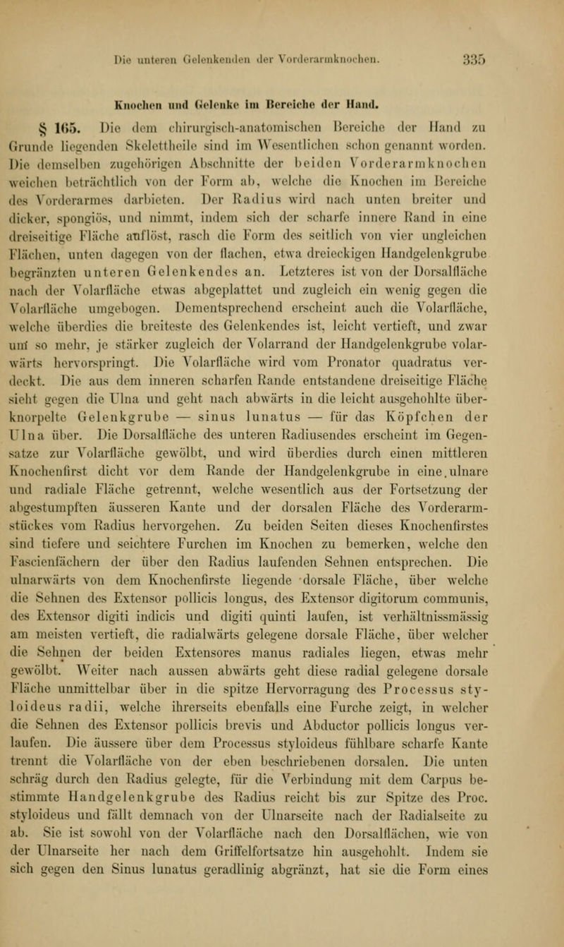 Knochen mnl Gelenke Im Bereiche <lcr Hand. § H>.>. Die dem chirurgisch-anatomischerj Bereiche der Sand zu Grande liegenden Skelettheile sind im Wesentlichen schon genannl worden. Die demselben zugehörigen Abschnitte der beiden Vorderarmknochen weichen betrachtlich von der Form ab, welche die Knochen im Bereiche des Vorderarmes darbieten. Der Etadias wird muh unten breiter und dicker, spongiös, und nimmt, indem sich der scharfe innere Rand in eine dreiseitige Fläche auflöst, rasch die Form des seitlich von vier angleichen Flächen, unten dagegen von der flachen, etwa dreieckigen Bandgelenkgrube begränzten unteren Gelenkendes an. Letzteres ist von der Dorsalfläche nach der Volarlläche etwas abgeplattet und zugleich ein wenig gegen die Volarfläche umgebogen. Dementsprechend erschein! auch die Volarfläche, welche überdies die breiteste des Gelenkendes ist, leicht vertieft, und zwar uni so mehr, je stärker zugleich der \'nlarrand der Handgelenkgrube volar- wärts hervorspringt Die Volarfläche wird vom Pronator quadratus ver- deckt. Die aus dem inneren scharfen Rande entstandene dreiseitige Fläche sieht gegen die ülna und geht nach abwärts in die leicht ausgehöhlte über- knorpelte Gelenkgrube — sinus lunatus — für das Köpfchen der ülna über. Die Dorsalfläche des unteren Radiusendes erscheint im Gegen- sätze zur Volarlläche gewölbt, und wird überdies durch einen mittleren Knochenfirst dicht vor dem Rande der Bandgelenkgrube in eine.ulnare und radiale Fläche getrennt, welche wesentlich aus der Fortsetzung der abgestumpften äusseren Kante und der dorsalen Fläche des Vorderarm- stückes vom Radius hervorgehen. Zu beiden Seiten dieses Knochenfirstes sind tiefere und seichtere Furchen im Knochen zu bemerken, welche den Fascienfächern der über den Radius laufenden Sehnen entsprechen. Die ülnarwärts von dem Knochenfirste liegende dorsale Fläche, über welche die Sehnen des Extensor pollicis longus, des Extensor digitorum communis, des Extensor digiti tndicis und digiti quinti laufen, ist verhältnissmässig am meisten vertieft, die radialwärts gelegene dorsale Fläche, über welcher die Sehnen der beiden Extensores manus radiales liegen, etwas mehr gewölbt. Weiter nach aussen abwärts geht diese radial gelegene dorsale Fläche unmittelbar über in die spitze Hervorragung des Processus sty- loideus radii. welche ihrerseits ebenfalls eine Furche zeigt, in welcher die Sehnen des Extensor pollicis brevis und Abductor pollicis longus ver- laufen. Die äussere über dem Processus styloideus fühlbare scharfe Kante trennt die Volarfläche von der eben beschriebenen dorsalen. Die unten schräg durch den Radius gelegte, für die Verbindung mit dem Carpus be- stimmte Handgelenkgrabe des Radius reicht bis zur Spitze des Proc. styloideus und fällt demnach von der Dinarseite nach der Radialseite zu ab. Sie ist sowohl von der Volarlläche nach den Dorsalflächen, wie von der Ulnarseite her nach dem Griffelfortsatze hin ausgehöhlt. Indem sie sich gegen den Sinus lunatus geradlinig abgränzt, hat sie die Form eines