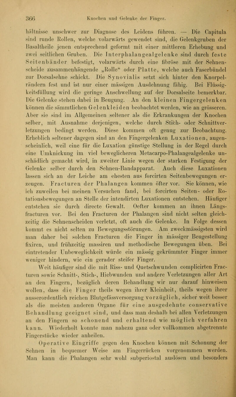 hältnisse unschwer zur Diagnose des Leidens führen. — Die Capitula sind runde Rollen, welche volarwärts gewendet sind, die Gelenkgruben der Basaltheile jenen entsprechend geformt mit einer mittleren Erhebung und zwei seitlichen Gruben. Die Interphalangealgelenke sind durch feste Seitenbänder befestigt, volarwärts durch eine fibröse mit der Sehnen- scheide zusammenhängende „Rolle oder Platte, welche auch Faserbündel zur Dorsalsehne schickt. Die Synovialis setzt sich hinter den Knorpel- rändern fest und ist nur einer massigen Ausdehnung fähig. Bei Flüssig- keitsfüllung wird die geringe Anschwellung auf der Dorsalseite bemerkbar. Die Gelenke stehen dabei in Beugung. An den kleinen Fingergelenken können die sämmtlichen Gelenkleiden beobachtet werden, wie an grösseren. Aber sie sind im Allgemeinen seltener als die Erkrankungen der Knochen selber, mit Ausnahme derjenigen, welche durch Stich- oder Schnittver- letzungen bedingt werden. Diese kommen oft genug zur Beobachtung. Erheblich seltener dagegen sind an den Fingergelenken Luxationen, augen- scheinlich, weil eine für die Luxation günstige Stellung in der Regel durch eine Umknickung im viel beweglicheren Metacarpo-Phalangealgelenke un- schädlich gemacht wird, in zweiter Linie wegen der starken Festigung der Gelenke selber durch den Sehnen-Bandapparat. Auch diese Luxationen lassen sich an der Leiche am ehesten aus forcirten Seitenbewegungen er- zeugen. Fracturen der Phalangen kommen öfter vor. Sie können, wie ich zuweilen bei meinen Versuchen fand, bei forcirten Seiten- oder Ro- tationsbewegungen an Stelle der intendirten Luxationen entstehen. Häufiger entstehen sie durch directe Gewalt. Oefter kommen an ihnen Längs- fracturen vor. Bei den Fracturen der Phalangen sind nicht selten gleich- zeitig die Sehnenscheiden verletzt, oft auch die Gelenke. In Folge dessen kommt es nicht selten zu Bewegungsstörungen. Am zweckmässigsten wird man daher bei solchen Fracturen die Finger in massiger Beugestellung fixiren, und frühzeitig massiren und methodische Bewegungen üben. Bei eintretender Unbeweglichkeit würde ein massig gekrümmter Finger immer weniger hindern, wie ein gerader steifer Finger. Weit häufiger sind die mit Riss- und Quetschwunden complicirten Frac- turen sowie Schnitt-, Stich-, Hiebwunden und andere Verletzungen aller Art ;m den Fingern, bezüglich deren Behandlung wir nur darauf hinweisen wollen, dass die Finger theils wegen ihrer Kleinheit, thcils wegen ihrer ausserordentlich reichen Blutgel'ässvcrsorgimg vorzüglich, sicher weit besser als die meisten anderen Organe für eine ausgedehnte conservative Behandlung geeignet sind, und dass man deshalb bei allen Verletzungen an den Fingern so schonend und erhaltend wie möglich vorfahren kann. Wiederholt konnte man nahezu ganz oder vollkommen abgetrennte Fingerstücke wieder anheilen. Operative Eingriffe gegen den Knochen können mit Schonung der Sehnen in bequemer Weise am Fingerrücken vorgenommen werden. Man ka lie Phalangen sehr wohl subperiostal auslösen und besonders
