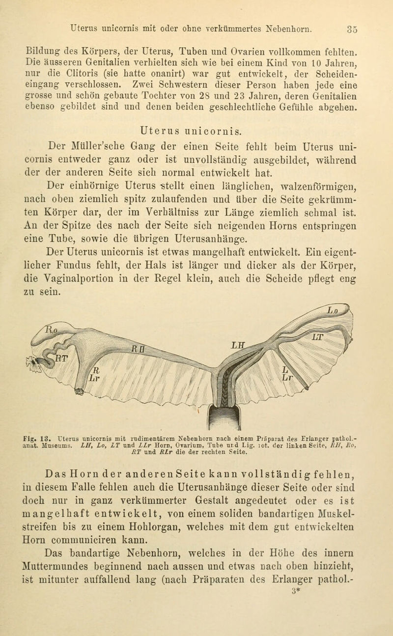 Bildung des Körpers, der Uterus, Tuben und Ovarien vollkommen fehlten. Die äusseren Genitalien verhielten sich wie bei einem Kind von 10 Jahren, nur die Clitoris (sie hatte onanirt) war gut entwickelt, der Scheiden- eingang verschlossen. Zwei Schwestern dieser Person haben jede eine grosse und schön gebaute Tochter von 28 und 23 Jahren, deren Genitalien ebenso gebildet sind und denen beiden geschlechtliche Gefühle abgehen. Uterus unicornis. Der Müller'sche Gang der einen Seite fehlt beim Uterus uni- cornis entweder ganz oder ist unvollständig ausgebildet, während der der anderen Seite sich normal entwickelt hat. Der einhörnige Uterus stellt einen länglichen, walzenförmigen, nach oben ziemlich spitz zulaufenden und über die Seite gekrümm- ten Körper dar, der im Verhältniss zur Länge ziemlich schmal ist. An der Spitze des nach der Seite sich neigenden Horns entspringen eine Tube, sowie die übrigen Uterusanhänge. Der Uterus unicornis ist etwas mangelhaft entwickelt. Ein eigent- licher Fundus fehlt, der Hals ist länger und dicker als der Körper, die Vaginalportion in der Regel klein, auch die Scheide pflegt eng zu sein. Fig. 13. Uterus unicornis mit rudimentärem Netenhorn nach einem Präparat des Erlanger pathol.- anat. Museums. LH, Lo, LT und LLr Hörn, Ovarinm, Tube nrd Lig. lot. der linken Seite, RH, Ro, RT und RLr die der rechten Seite. Das Horn der anderen Seite kann vollständig fehlen, in diesem Falle fehlen auch die Uterusanhänge dieser Seite oder sind doch nur in ganz verkümmerter Gestalt angedeutet oder es ist mangelhaft entwickelt, von einem soliden bandartigen Muskel- streifen bis zu einem Hohlorgan, welches mit dem gut entwickelten Horn communiciren kann. Das bandartige Nebenhorn, welches in der Höhe des innern Muttermundes beginnend nach aussen und etwas nach oben hinzieht, ist mitunter auffallend lang (nach Präparaten des Erlanger pathol.- 3*