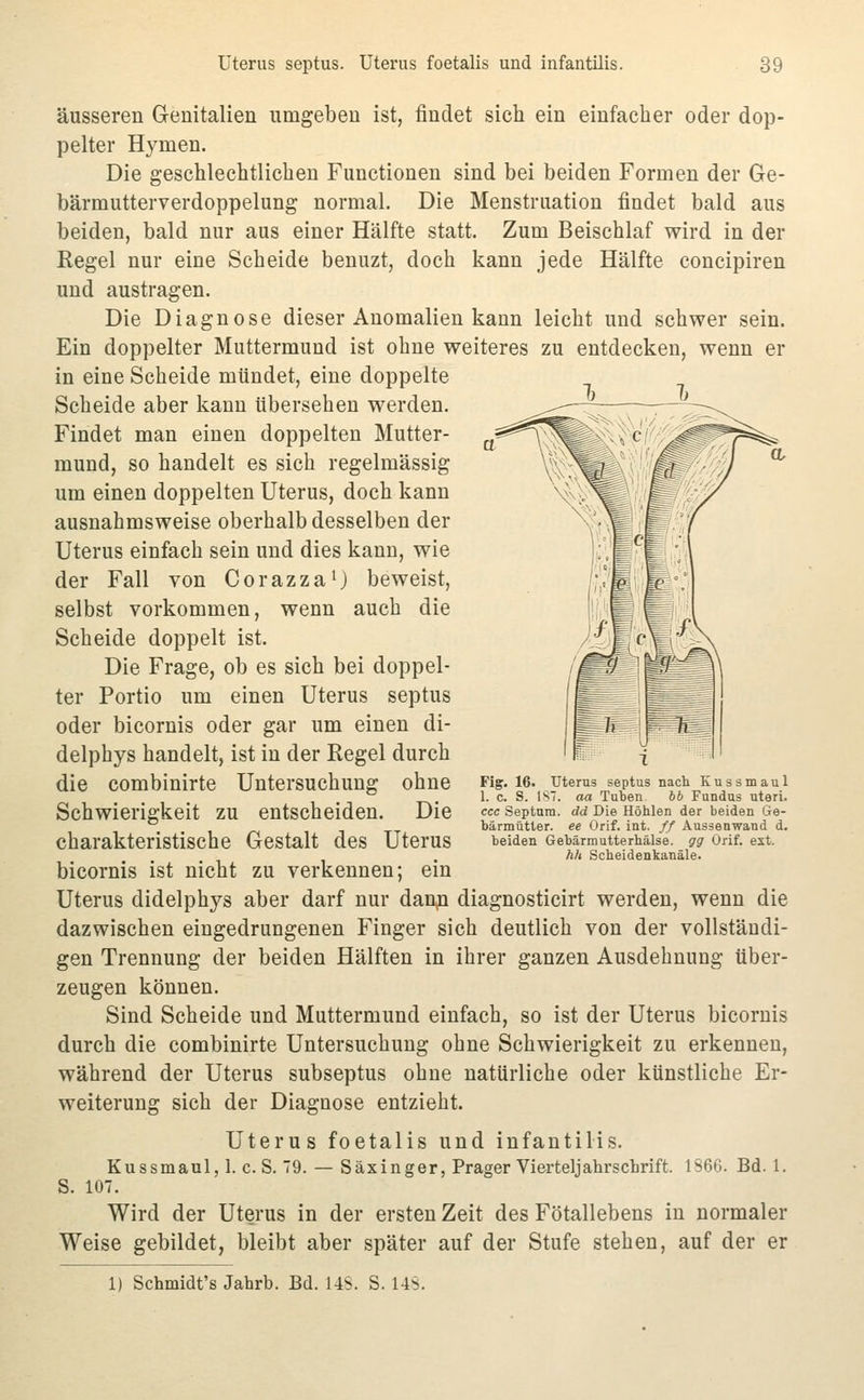 äusseren G-enitalien umgeben ist, findet sich ein einfacher oder dop- pelter Hymen. Die geschlechtlichen Functionen sind bei beiden Formen der Ge- bärmutterverdoppelung normal. Die Menstruation findet bald aus beiden, bald nur aus einer Hälfte statt. Zum Beischlaf wird in der Regel nur eine Scheide benuzt, doch kann jede Hälfte concipiren und austragen. Die Diagnose dieser Anomalien kann leicht und schwer sein. Ein doppelter Muttermund ist ohne weiteres zu entdecken, wenn er in eine Scheide mündet, eine doppelte Scheide aber kann übersehen werden. Findet man einen doppelten Mutter- mund, so handelt es sich regelmässig um einen doppelten Uterus, doch kann ausnahmsweise oberhalb desselben der Uterus einfach sein und dies kann, wie der Fall von Corazza^j beweist, selbst vorkommen, wenn auch die Scheide doppelt ist. Die Frage, ob es sich bei doppel- ter Portio um einen Uterus septus oder bicornis oder gar um einen di- delphys handelt, ist in der Regel durch die combinirte Untersuchung ohne Schwierigkeit zu entscheiden. Die charakteristische Gestalt des Uterus bicornis ist nicht zu verkennen; ein Uterus didelphys aber darf nur dan^n diagnosticirt werden, wenn die dazwischen eingedrungenen Finger sich deutlich von der vollständi- gen Trennung der beiden Hälften in ihrer ganzen Ausdehnung über- zeugen können. Sind Scheide und Muttermund einfach, so ist der Uterus bicornis durch die combinirte Untersuchung ohne Schwierigkeit zu erkennen, während der Uterus subseptus ohne natürliche oder künstliche Er- weiterung sich der Diagnose entzieht. Fig. 16. S. is- Uterns septus nach Kussmaul aa Tuben 66 Fundus uteri. ccc Septam. dd Die Höhlen der beiden Ge- bärmütter, ee Orif. int. // Aussenwand d. beiden Gebärmutterhälse, gg Orif. ext. hh Scheidenkanäle. S. 107. Uterus foetalis und infantilis. Kussmaul, 1. c. S. 79. — Säxinger, Prager Vierteljahrschrift. 1866. Bd. 1. Wird der Uterus in der ersten Zeit des Fötallebens in normaler Weise gebildet, bleibt aber später auf der Stufe stehen, auf der er 1) Schmidt's Jahrb. Bd. US. S. US.