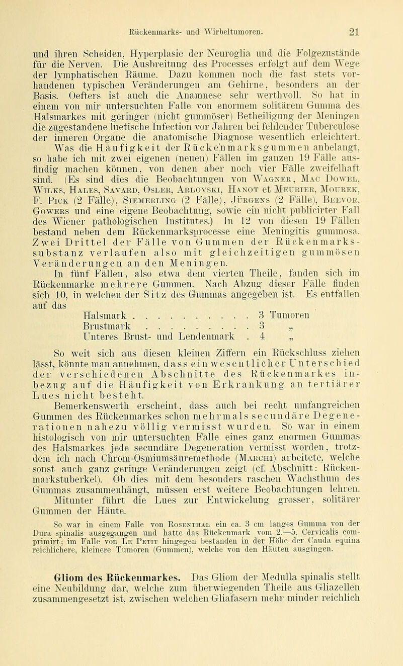 und ihren Scheiden, Hyperplasie der Neuroglia und die Folgezustände für die Nerven. Die Ausbreitung des Processes erfolgt auf dem Vi'ege der lymphatischen Eäume. Dazu kommen noch die fast stets vor- handenen typischen Veränderungen am Gehirne, besonders an der Basis. Oefters ist auch die Anamnese sehr Averthvoll. So hat in einem von mir untersuchten Falle von enormem solitärem Gumma des Halsmarkes mit geringer (nicht gummöser) Betheiligung der Meningen die zugestandene luetische Infection vor Jahren bei fehlender Tuberculose der inneren Organe die anatomische Diagnose wesentlich erleichtert. Was die H ä u f i g k e i t der Rück e'n m a r k s g u m m e n anbelangt, so habe ich mit zwei eigenen (neuen) Fällen im ganzen 19 Fälle aus- findig machen können, von denen aber noch vier Fälle zweifelhaft sind. (Es sind dies die Beobachtungen von Wagker, Mac Dowel, WiLKS, Hales, Savaed, Osler, Arlovski, Hangt et Meüeiee. Moueek, F. Pick (2 Fälle), Siemeuling (2 Fälle), Jüegens (2 Fälle), Beevoe^ GowERs und eine eigene Beobachtung, sowie ein nicht publicirter Fall des Wiener pathologischen Institutes.) In 12 von diesen 19 Fällen bestand neben dem Kückenmarksprocesse eine Meningitis gummosa. Zwei Drittel der Fälle von Gummen der Rückenmarks- substanz verlaufen also mit gleichzeitigen gummösen Veränderungen an den Meningen. In fünf Fällen, also etwa dem vierten Theile, fanden sieh im Rückenmarke mehrere Gummen. Nach Abzug dieser Fälle finden sich 10, in welchen der Sitz des Gummas angegeben ist. Es entfallen auf das Halsmark 3 Tumoren Brustmark 3 „ Unteres Brust- und Lendenmark . 4 „ So weit sich aus diesen kleinen ZiÖern ein Rückschluss ziehen lässt, könnte man annehmen, d a s s e i n w e s e n 11 i c h e r U n t e r s c h i e d der verschiedenen Abschnitte des Rückenmarkes in- bezug auf die Häufigkeit von Erkrankung an tertiärer Lues nicht besteht. Bemerkenswerth erscheint, dass auch bei recht umfangreichen Gummen des Rückenmarkes schon m e h r m a 1 s s e c u n d ä r e D e g e n e - rationen nahezu völlig vermisst wurden. So war in einem histologisch von mir untersuchten Falle eines ganz enormen Gummas des Halsmarkes jede secundäre Degeneration vermisst worden, trotz- dem ich nach Chrom-Osmiumsäuremethode (Maechi) arbeitete, welche sonst auch ganz geringe Veränderungen zeigt (cf Abschnitt: Rücken- markstuberkel). Ob dies mit dem besonders raschen Wachsthum des Gummas zusammenhängt, müssen erst weitere Beobachtungen lehren. Mitunter führt die Lues zur Entwickelung grosser, solitärer Gummen der Häute. So war in einem Falle von Eosenthal ein ca. 3 cm langes Gumma von der Dura sjjinalis ausgegangen und hatte das Eückenmark vom 2.-5. Cervicalis com- primirt; im Falle von Le Petit hingegen bestanden in der Höhe der Cauda equiua reichlichere, kleinere Tumoren (Gummen), welche von den Häuten ausgingen. GHom des Rückenmarkes. Das Gliom der Mednlla spinalis stellt eine Neubildung dar, welche zum überwiegenden Theile aus Gliazellen zusammengesetzt ist, zwischen welchen Gliafasern mehr minder reichlich