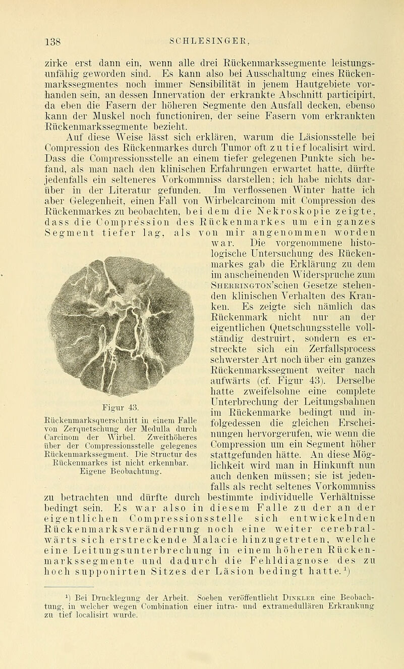 zirke erst dann ein, wenn alle drei Eückenmarkssegmente leistung-s- imfäliig geworden sind. Es kann also bei Ausschaltung eines Eücken- markssegmentes noch immer Sensibilität in jenem Hautgebiete vor- handen sein, an dessen Innervation der erkrankte Abschnitt participirt, da eben die Fasern der höheren Segmente den Ausfall decken, ebenso kann der Muskel noch functioniren, der seine Fasern vom erkrankten Eückenmarkssegmente bezieht. Auf diese Weise lässt sich erklären, warum die Läsionsstelle bei Compression des Eückenmarkes durch Tumor oft z u t i e f localisirt Avird. Dass die Compressioiisstelle an einem tiefer gelegenen Punkte sich be- fand, als man nach den klinischen Erfahrungen erwartet hatte, dürfte jedenfalls ein seiteueres Vorkommniss darstellen; ich habe nichts dar- über in der Literatur gefunden. Im verflossenen Winter hatte ich aber Gelegenheit, einen Fall von Wirbelcarcinom mit Compression des Eückenmarkes zu beobachten, bei dem die Nekroskopie zeigte, dass die Compression des Eückenmarkes um ein ganzes Segment tiefer lag, als von mir angenommen worden war. Die vorgenommene histo- logische Untersuchung des Eücken- markes gab die Erklärung zu dem im anscheinenden Widersprurlie zum SHEKKiNGTON'schen «ii'scrzc stehen- den klinischen Verhalten des Kran- ken. Es zeigte sich nämlicli das Eückenmark nicht nur an der eigentlichen Quetschungsstelle voll- ständig destruirt, sondern es er- streckte sich ein Zerfallsprocess schwerster Art noch über ein ganzes Eückenmarkssegment weiter nach aufwärts (cf. Figur 43). Derselbe hatte zweifelsohne eine coraplete Unterbrechung der Leituugsbahnen im Eückenmarke bedingt und in- folgedessen die gleichen Erschei- nungen hervorgerufen, wie wenn die Compression um ein Segment höher stattgefunden hätte. An diese Mög- lichkeit wird man in Hinkunft nun auch denken müssen; sie ist jeden- falls als recht seltenes Vorkommniss zu betrachten und dürfte durch bestimmte individuelle Verhältnisse bedingt sein. Es war also in diesem Falle zu der an der eigentlichen C o m p r e s s i o n s s t e 11 e sich entwickelnden Eückenmarksveranderung noch eine weiter cerebral- wärts sich erstreckende Malacie hinzugetreten, welche eine LeitungsUnterbrechung in einem höheren Eücken- markssegmente und dadurch die Fehldiagnose des zu hoch supponirten Sitzes der Läsion bedingt hatte. ^) Figur 43. Eückenmarksquerschnitt iu einem Falle von Zerqiietscliung der Meclulla durch Carcinom der Wirbel. Zweithöheres über der Compressionsstelle gelegenes Eückenmarkssegment. Die Structur des Eückenmarkes ist nicht erkennbar. Eigene Beobachtung. ') Bei Drucklegung der Arbeit. Soeben veröffentlieht Dinkler eine Beobach- tung, in welcher wegen C^ombination einer intra- und extramedullären Erkrankung zu tief localisirt wurde.