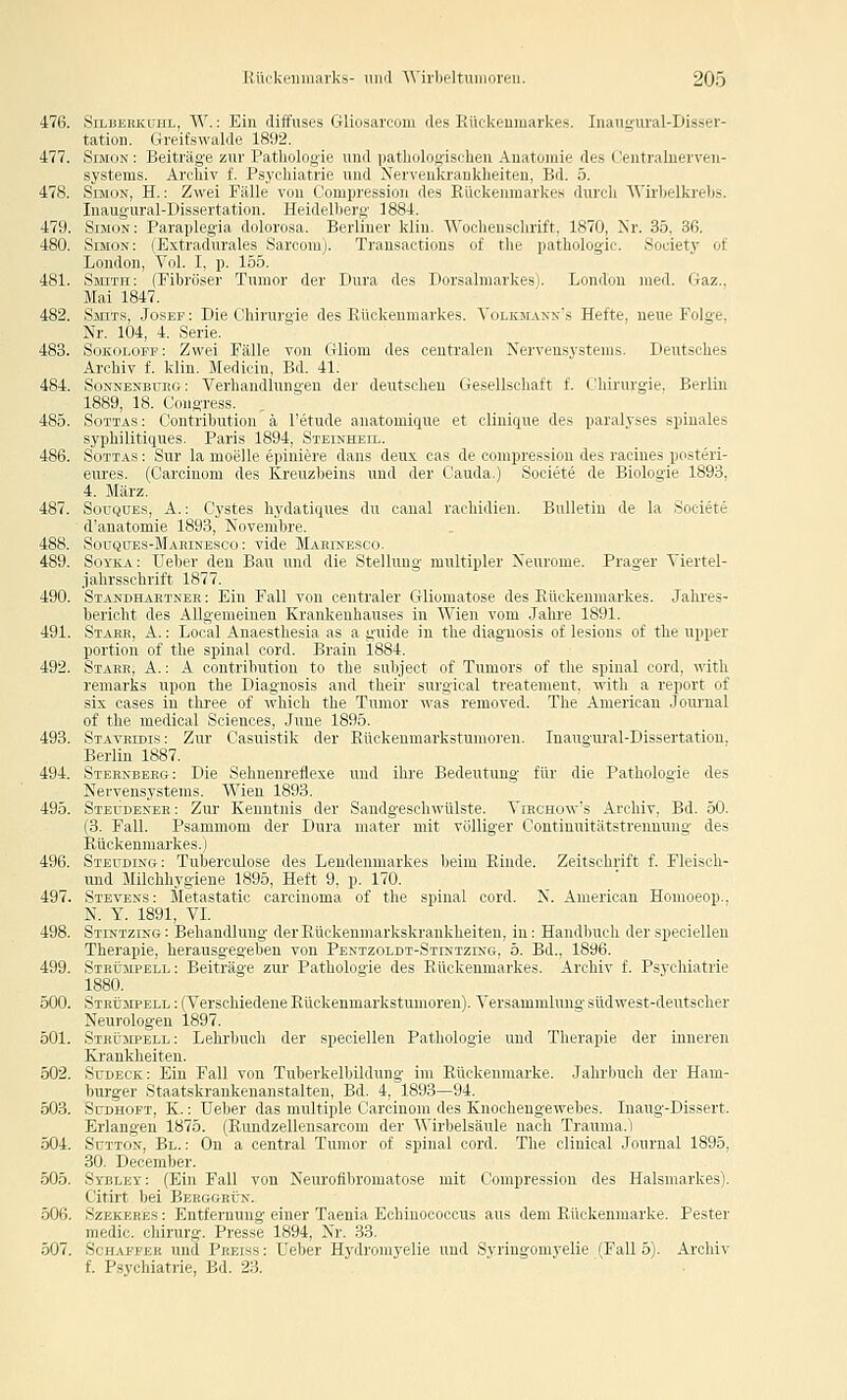 476. SiLBERKUHL, W.: Ein diffuses Gliosarcom des Rückeuinarkes. Inan<;-ural-Disser- tation. Greifswalde 1892. 477. Simon: Beiträge zur Patliolnnip und iiatliologischen Auatomie des Centraluerveii- systems. Archiv f. Psycliintiii' und Nervenkrankheiteu, Bd. 5. 478. SrjioN, H.: Zwei Fälle vuu i Hiiiiiirssioii des Eückeuraarkes durch AVirhelkrehs. Inaug-ural-Pissertntion. Heideliier«- 1884. 479. Simon: Paiiipli-iii dnlurosa. Berliner klin. Wochenschrift, 1870, ^■r. 35, 36. 480. Simon: (Extiailiii;ilrs Sarcoiü). Trausactions of the ijatholog-ic. Societj' of London, Vol. 1, p. löö. 481. SinTii: (Fibröser Tumor der Dura des Dorsalmarkes). London med. Gaz.. Mai 1847. 482. Smits, .JosEr: Die Chirurgie des Kückenmarkes. Yolkmakn's Hefte, neue Folge, Nr. 104, 4. Serie. 483. Sokoloef: Zwei Fälle von Gliom des centralen Nervensystems. Deutsches Archiv f. klin. Medicin, Bd. 41. 484. SoNNENBuno: Verhandlungen der deutschen Gesellschaft f. (!'hirurgie. Berlin 1889, 18. Cmigress. 485. SoTTAs: Gontribution ä l'etude anatomique et clinique des paralyses spinales syphilitiques. Paris 1894, Steinhetl. 486. SoTTAS: Sur la moelle epiniere dans deux cas de compression des raciues posteri- eures. (Carcinom des Kreuzbeins und der Cauda.) Societe de Biologie 1893, 4. März. 487. SouQUES, A.: Cystes hydatiques du canal rachidien. Bulletin de la Societe d'anatomie 1893, Novembre. 488. Souques-Makinesco : vide Maeinesco. 489. Soyka: Ueber den Bau und die Stellung multipler Neurome. Prager Viertel- .iahrsschrift 1877. 490. Standhartner : Ein Fall von centraler Gliomatose des Rückenmarkes. Jahres- bericht des Allgemeinen Krankenhauses in Wien vom Jahre 1891. 491. Stahr, A. : Local Anaesthesia as a guide in the diagnosis of lesions of the Upper portion of the spinal cord. Brain 1884. 492. Starr, A. : A contribution to the subject of Tumors of the spinal cord, with remarks upon the Diagnosis and their surgical treatement, with a report of six cases in thi-ee of which the Tumor was removed. The American Joiu'ual of the medical Sciences, June 1895. 493. Stavridis: Zur Casuistik der Rückenmarkstumoren. Inaugural-Dissertation, Berlin 1887. 494. Sterxbee&: Die Sehnenrefiexe und ilu'e Bedeutung für die Pathologie des Nervensystems. Wien 1893. 495. Steudener: Zur Kenntnis der Sandgeschwülste. Vihchow's Archiv, Bd. 50. (3. Fall. Psammom der Dura mater mit völliger Continuitätstrennung des Rückenmarkes.) 496. Steudikg: Tuberciüose des Lendenmarkes beim Rinde. Zeitschrift f. Fleisch- imd Milchhygiene 1895, Heft 9, p. 170. 497. Stevens : Metastatic Carcinoma of the spinal cord. N. American Homoeop.. N. Y. 1891, VI. 498. Stintzing : Behandlung der Rückenmarkskrankheiten, in: Handbuch der speciellen Therapie, herausgegeben von Pentzoldt-Stintzinö, 5. Bd., 1896. 499. Strümpell : Beiträge zur Pathologie des Bückenmarkes. Archiv f. Psychiatrie 1880. 500. Strümpell : (Verschiedene Rückenmarkstumoren). Versammlung südwest-deutscher Neurologen 1897. 501. Stbüjipell: Lehrbuch der speciellen Pathologie und Therapie der inneren Ki'ankheiten. 502. Sudeck: Ein Fall von Tuberkelbildung im Rückenmarke. Jahrbuch der Ham- burger Staatskrankenanstalten, Bd. 4, 1893—94. 503. SuDHOET, K.: Ueber das multiple Carcinom des Knochengewebes. Inaug-Dissert. Erlangen 1875. (Rundzellensarcom der Wirbelsäule nach Trauma.) .504. SüTTON, Bl. : On a central Tumor of spinal cord. The clinical Journal 1895, 30. December. .505. Sybley: (Ein Fall von Neurofibromatose mit Compression des Halsmarkes). Citirt bei Beeggrün. .506. Szekeres : Entfernung einer Taenia Echinococcus aus dem Rückenmarke. Pester medie. chirurg. Presse 1894, Nr. 33. 507. Schappee und Preiss: Ueber Hydromyelie und Syringomyelie (Fall 5). Archiv f. Psychiatrie, Bd. 23.