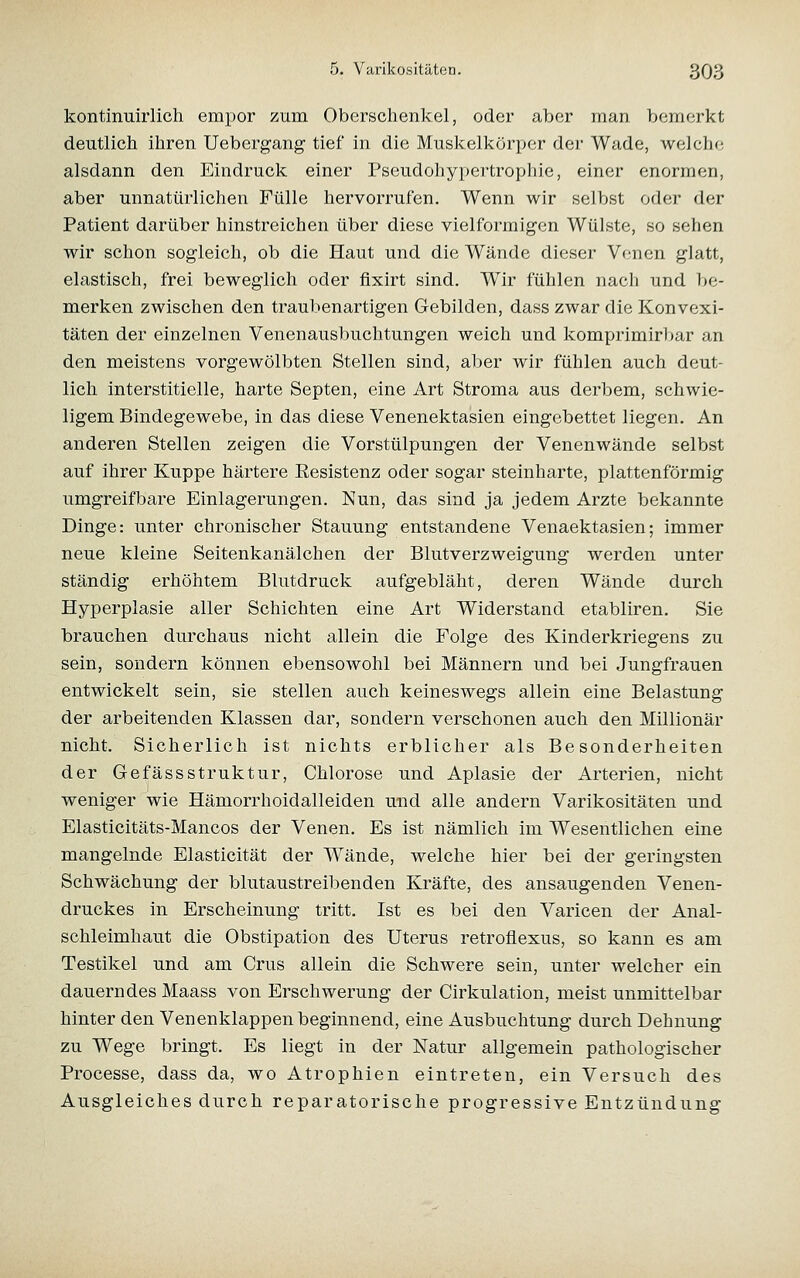 kontinuirlich empor zum Oberschenkel, oder aber man bemerkt deutlich ihren Uebergang tief in die Muskelkörper der Wade, welche alsdann den Eindruck einer Pseudohypertrophie, einer enormen, aber unnatürlichen Fülle hervorrufen. Wenn wir selbst oder der Patient darüber hinstreichen über diese vielformigcn Wülste, so sehen wir schon sogleich, ob die Haut und die Wände dieser Vonen glatt, elastisch, frei beweglich oder fixirt sind. Wir fühlen nach und be- merken zwischen den traubenartigen Gebilden, dass zwar die Konvexi- täten der einzelnen Venenausbuchtungen weich und komprimirbar an den meistens vorgewölbten Stellen sind, aber wir fühlen auch deut- lich interstitielle, harte Septen, eine Art Stroma aus derbem, schwie- ligem Bindegewebe, in das diese Venenektasien eingebettet liegen. An anderen Stellen zeigen die Vorstülpungen der Venenwände selbst auf ihrer Kuppe härtere Eesistenz oder sogar steinharte, plattenförmig umgreifbare Einlagerungen. Nun, das sind ja jedem Arzte bekannte Dinge: unter chronischer Stauung entstandene Venaektasien; immer neue kleine Seitenkanälchen der Blutverzweigung werden unter ständig erhöhtem Blutdruck aufgebläht, deren Wände durch Hyperplasie aller Schichten eine Art Widerstand etabliren. Sie brauchen durchaus nicht allein die Folge des Kinderkriegens zu sein, sondern können ebensowohl bei Männern und bei Jungfrauen entwickelt sein, sie stellen auch keineswegs allein eine Belastung der arbeitenden Klassen dar, sondern vers^chonen auch den Millionär nicht. Sicherlich ist nichts erblicher als Besonderheiten der Gefässstruktur, Chlorose und Aplasie der Arterien, nicht weniger wie Hämorrhoidalleiden und alle andern Varikositäten und Elasticitäts-Mancos der Venen. Es ist nämlich im Wesentlichen eine mangelnde Elasticität der Wände, welche hier bei der geringsten Schwächung der blutaustreibenden Kräfte, des ansaugenden Venen- druckes in Erscheinung tritt. Ist es bei den Varicen der Anal- schleimhaut die Obstipation des Uterus retroflexus, so kann es am Testikel und am Grus allein die Schwere sein, unter welcher ein dauerndes Maass von Erschwerung der Cirkulation, meist unmittelbar hinter den Venenklappen beginnend, eine Ausbuchtung durch Dehnung zu Wege bringt. Es liegt in der Natur allgemein pathologischer Processe, dass da, wo Atrophien eintreten, ein Versuch des Ausgleiches durch reparatorische progressive Entzündung
