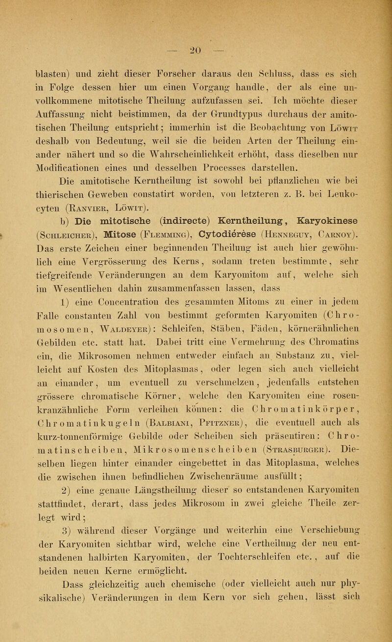 blasten) und zieht dieser Forscher daraus den Schluss, dass es sich in Folge dessen hier um einen Vorgang- handle, der als eine un- vollkommene mitotische Theilung aufzufassen sei. Ich möchte dieser Auffassung nicht beistimmen, da der Grundtypus durchaus der amito- tischen Theilung entspricht; immerhin ist die Beobachtung von Löwit deshalb von Bedeutung, weil sie die beiden Arten der Theilung ein- ander nähert und so die Wahrscheinlichkeit erhöht, dass dieselben nur Modificationen eines und desselben Processes darstellen. Die amitotische Kerntheilung ist sowohl bei pflanzlichen wie bei thierischen Geweben constatirt worden, von letzteren z. B. bei Leuko- cyten (Ranvier, Löwit). b) Die mitotische (indireete) Kerntheilung, Karyokinese (Schleicher), Mitose (Flemming), Cytodierese (Heistneguy, Carnoy). Das erste Zeichen einer beginnenden Theilung ist auch hier gewöhn- lich eine Vergrösserung des Kerns, sodann treten bestimmte, sehr tiefgreifende Veränderungen an dem Karyomitom auf, welche sich im Wesentlichen dahin zusammenfassen lassen, dass 1) eine Concentration des gesammten Mitoms zu einer in jedem Falle constanten Zahl von bestimmt geformten Karyomiten (Chro- mosomen, Waldeyer) : Schleifen, Stäben, Fäden, körnerähnlichen Gebilden etc. statt hat. Dabei tritt eine Vermehrung des Chromatins ein, die Mikrosomen nehmen entweder einfach an Substanz zu, viel- leicht auf Kosten des Mitoplasmas, oder legen sich auch vielleicht an einander, um eventuell zu verschmelzen, jedenfalls entstehen grössere chromatische Körner, welche den Karyomiten eine rosen- kranzähnliche Form verleihen können: die Chromatinkörper, Chromatin kugeln (Balbiani , Pfitzner) , die eventuell auch als kurz-tonnenförmige Gebilde oder Scheiben sich präsentiren: Chro- matinscheiben, Mikrosomen Scheiben (Strasburger). Die- selben liegen hinter einander eingebettet in das Mitoplasma, welches die zwischen ihnen befindlichen Zwischenräume ausfüllt; 2) eine genaue Längstheilung dieser so entstandenen Karyomiten stattfindet, derart, dass jedes Mikrosom in zwei gleiche Theile zer- legt wird; 3) während dieser Vorgänge und weiterhin eine Verschiebung der Karyomiten sichtbar wird, welche eine Vertheilung der neu ent- standenen halbirten Karyomiten, der Tochterschleifen etc., auf die beiden neuen Kerne ermöglicht. Dass gleichzeitig auch chemische (oder vielleicht auch nur phy- sikalische) Veränderungen in dem Kern vor sich gehen, lässt sich