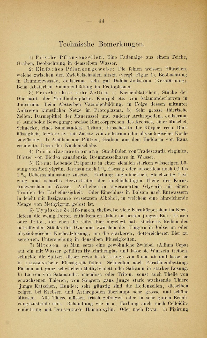 u Technische Bemerkungen. 1) Frische Pflanzenzellen: Eine Fadenalge aus einem Teiche, Graben, Beobachtung in demselben Wasser. 2) Einfaches Pflanzengewebe: Die feinen weissen Häutchen, welche zwischen den Zwiebelschaalen sitzqn (vergl. Figur 1). Beobachtung in Brunnenwasser, Jodserum, sehr gut Dahlia-Jodserum (Kernfärbung). Beim Absterben Vacuolenbildung im Protoplasma. 3) Frische thierische Zellen, a) Kiemenblättchen, Stücke der Oberhaut, der Mundbodenplatte, Knorpel etc. von Salamanderlarven in Jodserum. Beim Absterben Vacuolenbildung, in Folge dessen mitunter Auftreten künstlicher Netze im Protoplasma, b) Sehr grosse thierische Zellen: Darmepithel der Mauerassel und anderer Arthropoden, Jodserum. c) Amöboide Bewegung: weisse Blutkörperchen des Krebses, einer Muschel, Schnecke, eines Salamanders, Triton, Frosches in der Körper- resp. Blut- flüssigkeit, letztere ev. mit Zusatz von Jodserum oder physiologischer Koch- salzlösung, d) Amöben aus Pfützen, Gräben, aus dem Enddarm von Kana esculenta, Darm der Küchenschabe. 4) P r o t o p 1 a s m a s t r ö m u n g: Staubfäden von Tradescantia virginica, Blätter von Elodea canadensis, Brennnesselhaare in Wasser. 5) Kern: Lebende Präparate in einer ziemlich starken wässerigen Lö- sung von Methylgrün, der man noch 1 °/0 Eisessig oder ausserdem noch 0,1 bis 1 °/o Ueberosmiumsäure zusetzt. Färbung augenblicklich, gleichzeitig Fixi- rung und scharfes Hervortreten der nucleinhaltigen Theile des Kerns. Auswaschen in Wasser. Aufheben in angesäuertem Glycerin mit einem Tropfen der Färbeflüssigkeit, Oder Einschluss in Balsam nach Entwässern in leicht mit Essigsäure versetztem Alkohol, in welchem eine hinreichende Menge von Methylgrün gelöst ist. 6) T y p i s c h e Z e 11 f o r m e n, theilweise viele Kernkörperchen im Kern, liefern die wenig Dotter enthaltenden daher am besten jungen Eier: Frosch oder Triton, der eben die reifen Eier abgelegt hat, stärkeres Beiben des betreffenden Stücks des Ovariums zwischen den Fingern in Jodserum oder physiologischer Kochsalzlösung, um die stärkeren, dottereicheren Eier zu zerstören. Untersuchung in denselben Flüssigkeiten. 7) Mitosen, a) Man setze eine gewöhnliche Zwiebel (Allium Cepa) auf ein mit Wasser gefülltes Hyacinthenglas und lasse sie Wurzeln treiben, schneide die Spitzen dieser etwa in der Länge von 3 mm ab und lasse sie in FLEMMiNG'sche Flüssigkeit fallen. Schneiden nach Paraffineinbettung, Färben mit ganz schwachem Methylviolett oder Safranin in starker Lösung. b) Larven von Salamandra maculosa oder Triton, sonst auch Theile von erwachsenen Thieren, von Säugern ganz junge stark wachsende Thiere (junge Kätzchen, Hunde); sehr günstig sind die Hodenzellen, dieselben zeigen bei Krebsen und Arthropoden überhaupt sehr grosse und schöne Mitosen. Alle Thiere müssen frisch gefangen oder in sehr gutem Ernäh- rungszustande sein. Behandlung wie in a, Färbung auch nach Celloidin- einbettung mit Delafield's Hämatoxylin. Oder nach Babl: 1) Fixirung