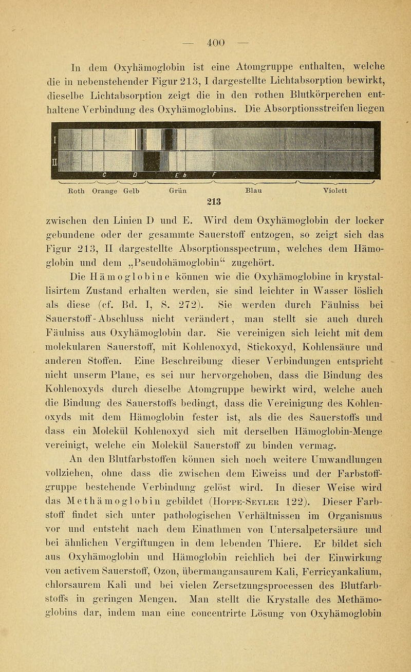 In dem Oxyhämoglobin ist eine Atomgruppe enthalten, welche die in nebenstehender Figur 213,1 dargestellte Lichtabsorption bewirkt, dieselbe Lichtabsorption zeigt die in den rothen Blutkörperchen ent- haltene Verbindung des Oxyhämoglobins. Die Absorptionsstreifen liegen Roth Orange Gelb Grün Blau Violett 213 zwischen den Linien D und E. Wird dem Oxyhämoglobin der locker gebundene oder der gesammte Sauerstoff entzogen, so zeigt sich das Figur 213, II dargestellte Absorptionsspectrum, welches dem Hämo- globin und dem „Pseudohämoglobin zugehört. Die Hämoglobine können wie die Oxyhämoglobine in krystal- lisirtem Zustand erhalten werden, sie sind leichter in Wasser löslich als diese (cf. Bd. I, S. 272). Sie werden durch Fäulniss bei Sauerstoff-Abschluss nicht verändert, man stellt sie auch durch Fäulniss aus Oxyhämoglobin dar. Sie vereinigen sich leicht mit dem molekularen Sauerstoff, mit Kohlenoxyd, Stickoxyd, Kohlensäure und anderen Stoffen. Eine Beschreibung dieser Verbindungen entspricht nicht unserm Plane, es sei nur hervorgehoben, dass die Bindung des Kohlenoxyds durch dieselbe Atomgruppe bewirkt wird, welche auch die Bindung des Sauerstoffs bedingt, dass die Vereinigung des Kohlen- oxyds mit dem Hämoglobin fester ist, als die des Sauerstoffs und dass ein Molekül Kohlenoxyd sich mit derselben Hämoglobin-Menge vereinigt, welche ein Molekül Sauerstoff zu binden vermag. An den Blutfarbstoffen können sich noch weitere Umwandlungen vollziehen, ohne dass die zwischen dem Eiweiss und der Farbstoff- gruppe bestehende Verbindung gelöst wird. In dieser Weise wird das Methämoglobin gebildet (Hoppe-Seyler. 122). Dieser Farb- stoff findet sich unter pathologischen Verhältnissen im Organismus vor und entsteht nach dem Einathmen von Untersalpetersäure und bei ähnlichen Vergiftungen in dem lebenden Thiere. Er bildet sich aus Oxyhämoglobin und Hämoglobin reichlich bei der Einwirkung von activem Sauerstoff, Ozon, übermangansaurem Kali, Ferricyankalium, chlorsaurem Kali und bei vielen Zersetzungsprocessen des Blutfarb- stoffs in geringen Mengen. Man stellt die Krystalle des Methämo- globins dar, indem man eine concentrirte Lösung von Oxyhämoglobin