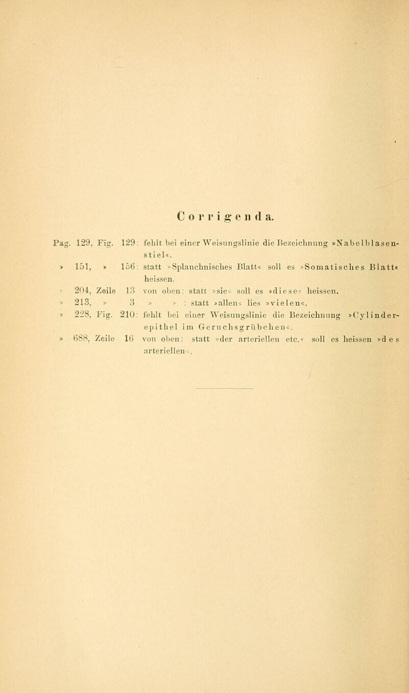 Pag. 129, Fig. 129: fehlt bei einer Weisungslinie die Bezeichnung »Nabelblasen- stiel«. > 151, > 156: statt »Splanchnisches Blatt« soll es »Somatisches Blatt« heissen. 2ü4-, Zeile 18 von oben: statt »sie« soll es »diese« heissen. > 213, y- 3 » > : statt »allen« lies »vielen«. » 228, Fig. 210: fehlt bei einer Weisungslinie die Bezeichnung »Cylinder- epithel im Geruchsgrübchen«. » 688, Zeile 16 von oben: statt »der arteriellen etc.« soll es heissen »des arteriellen-:.