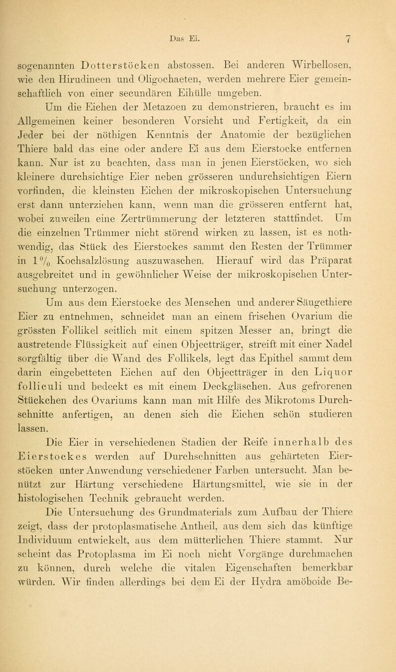 sos^enannten Dotterstöcken abstossen. Bei anderen Wirbellosen, wie den Hirudineen und Oligochaeten, werden mehrere Eier gemein- schaftlich von einer secundären EihüUe umgeben. Um die Eichen der Metazoeu zu demonstrieren, braucht es im Allgemeinen keiner besonderen Vorsicht und Fertigkeit, da ein Jeder bei der nöthigen Kenntnis der Anatomie der bezüglichen Thiere bald das eine oder andere El aus dem Eierstocke entfernen kann. Nur ist zu beachten, dass man in jenen Eierstöcken, wo sich kleinere durchsichtige Eier neben grösseren undurchsichtigen Eiern vorhnden, die kleinsten Eichen der mikroskopischen Untersuchung erst dann unterziehen kann, Avenn man die grösseren entfernt hat, Avobei zuweilen eine Zertrümmerung der letzteren stattfindet. Um die einzelnen Trümmer nicht störend wirken zu lassen, ist es noth- wendig, das Stück des Eierstockes sammt den Resten der Trümmer in 1 % Kochsalzlösung auszuw^aschen. Hierauf wird das Präparat ausgebreitet und in gewöhnlicher Weise der mikroskopischen Unter- suchung unterzogen. Um aus dem Eierstocke des Menschen und anderer Säugethiere Eier zu entnehmen, schneidet man an einem frischen Ovarium die grössten Follikel seitlich mit einem spitzen Messer an, bringt die austretende Flüssigkeit auf einen Objectträger, streift mit einer Nadel sorgfältig über die Wand des Follikels, legt das Epithel sammt dem darin eingebetteten Eichen auf den Objectträger in den Liquor folliculi und bedeckt es mit einem Deckgläschen. Aus gefrorenen Stückchen des Ovariums kann man mit Hilfe des Mikrotoms Durch- schnitte anfertigen, an denen sich die Eichen schön studieren lassen. Die Eier in verschiedenen Stadien der Reife innerhalb des Eierstockes werden auf Durchschnitten aus gehärteten Eier- stöcken unter Anwendung verschiedener Farben untersucht. Man be- nützt zur Härtung verschiedene Härtungsmittel, wie sie in der histologischen Technik gebraucht werden. Die Untersuchung des Grundmaterials zum Aufbau der Thiere zeigt, dass der protoplasmatische Antheil, aus dem sich das künftige IndiA'iduum entwickelt, aus dem mütterlichen Thiere stammt. Nur scheint das Protoplasma im Ei noch nicht Vorgänge durchmachen zu können, durch welche die vitalen Eigenschaften bemerkbar würden. Wir finden allerdino-s bei dem Ei der Hvdra amöboide Be-