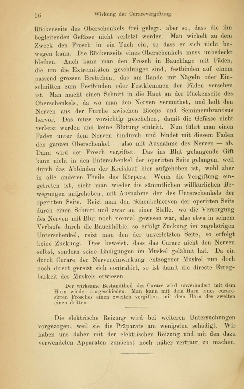 j(; Wirkung der Curarevergiftung. Rückenseite des Oberschenkels frei gelegt, aber so, dass die ihn begleitenden Gefässe nicht verletzt werden. Man wickelt zu dem Zweck den Frosch in ein Tuch ein, so dass er sich nicht be- wegen kann. Die Rückenseite eines Oberschenkels muss unbedeckt bleiben. Auch kann man den Frosch in Bauchlage mit Fäden, die um die Extremitäten geschlungen sind, festbinden auf einem passend grossen Brettchen, das am Rande mit Nägeln oder Ein- schnitten zum Festbinden oder Festklemmen der Fäden versehen ist. Man macht einen Schnitt in die Haut an der Rückenseite des Oberschenkels, da wo man den Nerven vermuthet, und holt den Nerven aus der Furche zwischen Biceps und Semimembranosus hervor. Das muss vorsichtig geschehen, damit die Gefässe nicht verletzt werden und keine Blutung eintritt, Nun führt man einen Faden unter dem Nerven hindurch und bindet mit diesem Faden den ganzen Oberschenkel — also mit Ausnahme des Nerven — ab. Dann wird der Frosch vergiftet. Das ins Blut gelangende Gift kann nicht in den Unterschenkel der operirten Seite gelangen, weil durch das Abbinden der Kreislauf hier aufgehoben ist, wohl aber in alle anderen Theile des Körpers. Wenn die Vergiftung ein- getreten ist, sieht man wieder die sämmtlichen willkürlichen Be- wegungen aufgehoben, mit Ausnahme der des Unterschenkels der operirten Seite. Reizt man den Schenkelnerven der operirten Seite durch einen Schnitt und zwar an einer Stelle, wo die Versorgung des Nerven mit Blut noch normal gewesen war, also etwa in seinem Verlaufe durch die Bauchhöhle, so erfolgt Zuckung im zugehörigen Unterschenkel, reizt man den der unverletzten Seite, so erfolgt keine Zuckung. Dies beweist, dass das Curare nicht den Nerven selbst, sondern seine Endigungen im Muskel gelähmt hat. Da ein durch Curare der Nerveneinwirkung entzogener Muskel nun doch noch direct gereizt sich contrahirt, so ist damit die directe Erreg- barkeit des Muskels erwiesen. Der wirksame Bestandtheil des Curare wird unverändert mit dem Harn wieder ausgeschieden. Man kann mit dem Harn eines curare- sirten Frosches einen zweiten vergiften, mit dem Harn des zweiten einen dritten. Die elektrische Reizung wird bei weiteren Untersuchungen vorgezogen, weil sie die Präparate am wenigsten schädigt. Wir haben uns daher mit der elektrischen Reizung und mit den dazu verwendeten Apparaten zunächst noch näher vertraut zu machen.