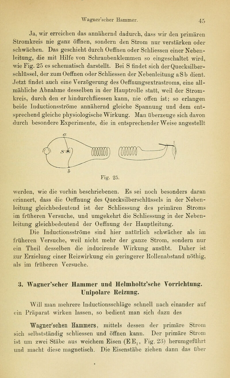 Ja, wir erreichen das annähernd dadurch, dass wir den primären Stromkreis nie ganz öffnen, sondern den Strom nur verstärken oder schwächen. Das geschieht durch Oeffnen oder Schliessen einer Neben- leitung, die mit Hilfe von Schraubenklemmen so eingeschaltet wird, wie Fig. 25 es schematisch darstellt. Bei S findet sich der Quecksilber- schlüssel, der zum Oeffnen oder Schliessen der Nebenleitung aSb dient. Jetzt findet auch eine Verzögerung des Oeffnungsextrastroms, eine all- mähliche Abnahme desselben in der Hauptrolle statt, weil der Strom- kreis, durch den er hindurchfliessen kann, nie offen ist: so erlangen 9 7 ' o beide Iiiductionsströme annähernd gleiche Spannung und dem ent- sprechend gleiche physiologische Wirkung. Man überzeuge sich davon durch besondere Experimente, die in entsprechender Weise angestellt Fig. 25. werden, wie die vorhin beschriebenen. Es sei noch besonders daran erinnert, dass die Oeffnung des Quecksilberschlüssels in der Neben- leitung gleichbedeutend ist der Schliessung des primären Stroms im früheren Versuche, und umgekehrt die Schliessung in der Neben- leitung gleichbedeutend der Oeffnung der Hauptleitung. Die Inductionsströme sind hier natürlich schwächer als im früheren Versuche, weil nicht mehr der ganze Strom, sondern nur ein Theil desselben die inducirende Wirkung ausübt. Daher ist zur Erzielung einer Reizwirkung ein geringerer Rollenabstand nöthig. als im früheren Versuche. 3. Wagner'scher Hammer und Helmholtz'sehe Vorrichtung. Unipolare Reizung. Will man mehrere Inductionsschläge schnell nach einander auf ein Präparat wirken lassen, so bedient man sich dazu des Wagnerischen Hammers, mittels dessen der primäre Strom sich selbstständig schliessen und öffnen kann. Der primäre Strom ist um zwei Stäbe aus weichem Eisen (EEa, Fig. 23) herumgeführt und macht diese magnetisch. Die Eisenstäbe ziehen dann das über