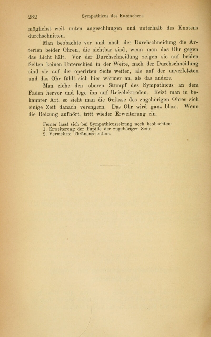 möglichst weit unten angeschlungen und unterhalb des Knotens durchschnitten. Man beobachte vor und nach der Durchschneidung die Ar- terien beider Ohren, die sichtbar sind, wenn man das Ohr gegen das Licht hält. Vor der Durchschneidung zeigen sie auf beiden Seiten keinen Unterschied in der Weite, nach der Durchschneidung sind sie auf der operirten Seite weiter, als auf der unverletzten und das Ohr fühlt sich hier wärmer an, als das andere. Man ziehe den oberen Stumpf des Sympathicus an dem Faden hervor und lege ihn auf Reizelektroden. Reizt man in be- kannter Art, so sieht man die Gefässe des zugehörigen Ohres sich einige Zeit danach verengern. Das Ohr wird ganz blass. Wenn die Reizung aufhört, tritt wieder Erweiterung ein. Ferner lässt sich bei Sympathicusreizung noch beobachten: 1. Erweiterung der Pupille der zugehörigen Seite. 2. Vermehrte Thränensecretion.