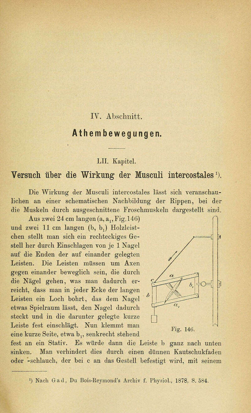 IV. Abschnitt. Athembewegungen. LH. Kapitel. Versuch über die Wirkung der Musculi intercostales1). Die Wirkung der Musculi intercostales lässt sich veranschau- lichen an einer schematischen Nachbildung der Rippen, bei der die Muskeln durch ausgeschnittene Froschmuskeln dargestellt sind. Aus zwei 24 cm langen (a, a1? Fig. 146) und zwei 11 cm langen (b, bx) Holzleist- chen stellt man sich ein rechteckiges Ge- stell her durch Einschlagen von je 1 Nagel auf die Enden der auf einander gelegten Leisten. Die Leisten müssen um Axen gegen einander beweglich sein, die durch die Nägel gehen, was man dadurch er- reicht, dass man in jeder Ecke der langen Leisten ein Loch bohrt, das dem Nagel etwas Spielraum lässt, den Nagel dadurch steckt und in die darunter gelegte kurze Leiste fest einschlägt. Nun klemmt man eine kurze Seite, etwa bv senkrecht stehend fest an ein Stativ. Es würde dann die Leiste b ganz nach unten sinken. Man verhindert dies durch einen dünnen Kautschukfaden oder -schlauch, der bei c an das Gestell befestigt wird, mit seinem 4o{ } Fig. 146. x) Nach Gacl, Du Bois-Reymond's Archiv f. Physiol., 1878, S. 584.