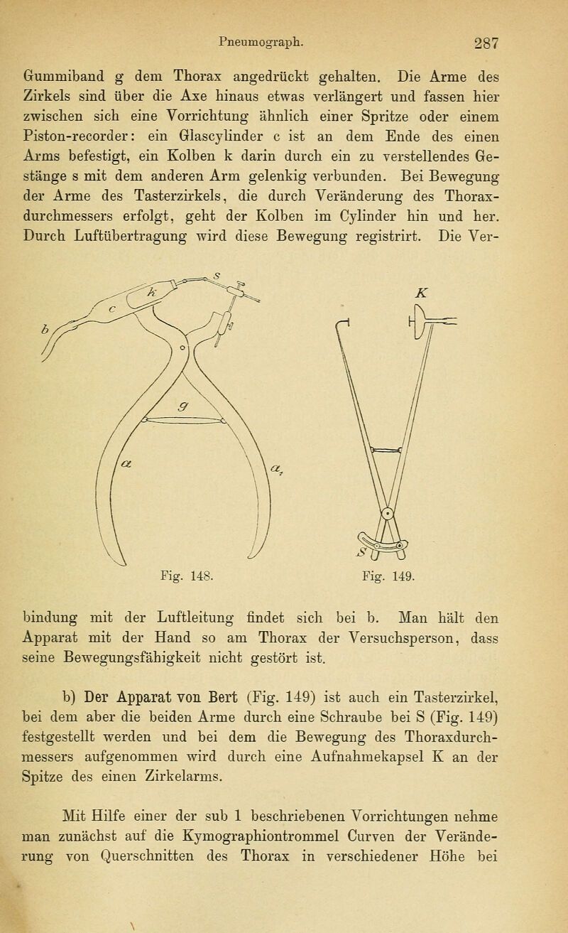 Gummiband g dem Thorax angedrückt gehalten. Die Arme des Zirkels sind über die Axe hinaus etwas verlängert und fassen hier zwischen sich eine Vorrichtung ähnlich einer Spritze oder einem Piston-recorder: ein Glascylinder c ist an dem Ende des einen Arms befestigt, ein Kolben k darin durch ein zu verstellendes Ge- stänge s mit dem anderen Arm gelenkig verbunden. Bei Bewegung der Arme des Tasterzirkels, die durch Veränderung des Thorax- durchmessers erfolgt, geht der Kolben im Cylinder hin und her. Durch Luftübertragung wird diese Bewegung registrirt. Die Ver- Ficr. 148. Fig. 149. bindung mit der Luftleitung findet sich bei b. Man hält den Apparat mit der Hand so am Thorax der Versuchsperson, dass seine Bewegungsfähigkeit nicht gestört ist. b) Der Apparat von Bert (Fig. 149) ist auch ein Tasterzirkel, bei dem aber die beiden Arme durch eine Schraube bei S (Fig. 149) festgestellt werden und bei dem die Bewegung des Thoraxdurch- messers aufgenommen wird durch eine Aufnahmekapsel K an der Spitze des einen Zirkelarms. Mit Hilfe einer der sub 1 beschriebenen Vorrichtungen nehme man zunächst auf die Kymographiontromniel Curven der Verände- rung von Querschnitten des Thorax in verschiedener Höhe bei