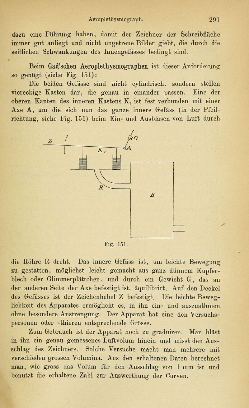 dazu eine Führung haben, damit der Zeichner der Schreibfläche immer gut anliegt und nicht ungetreue Bilder giebt, die durch die seitlichen Schwankungen des Innengefässes bedingt sind. Beim Grad'schen. Aeroplethysmograplieii ist dieser Anforderung so genügt (siehe Fig. 151): Die beiden Gefässe sind nicht cylindrisch, sondern stellen viereckige Kasten dar, die genau in einander passen. Eine der oberen Kanten des inneren Kastens Kx ist fest verbunden mit einer Axe A, um die sich nun das ganze innere Gefäss (in der Pfeil- richtung, siehe Fig. 151) beim Ein- und Ausblasen von Luft durch Fig. 151. die Röhre R dreht. Das innere Gefäss ist, um leichte Bewegung zu gestatten, möglichst leicht gemacht aus ganz dünnem Kupfer- blech oder Glimmerplättchen, und durch ein Gewicht G, das an der anderen Seite der Axe befestigt ist, äquilibrirt. Auf den Deckel des Gefässes ist der Zeichenhebel Z befestigt. Die leichte Beweg- lichkeit des Apparates ermöglicht es, in ihn ein- und auszuathmen ohne besondere Anstrengung. Der Apparat hat eine den Versuchs- personen oder -thieren entsprechende Grösse. Zum Gebrauch ist der Apparat noch zu graduiren. Man bläst in ihn ein genau gemessenes Luftvolum hinein und misst den Aus- schlag des Zeichners. Solche Versuche macht man mehrere mit verschieden grossen Volumina. Aus den erhaltenen Daten berechnet man, wie gross das Volum für den Ausschlag von 1 mm ist und benutzt die erhaltene Zahl zur Auswerthung der Curven.