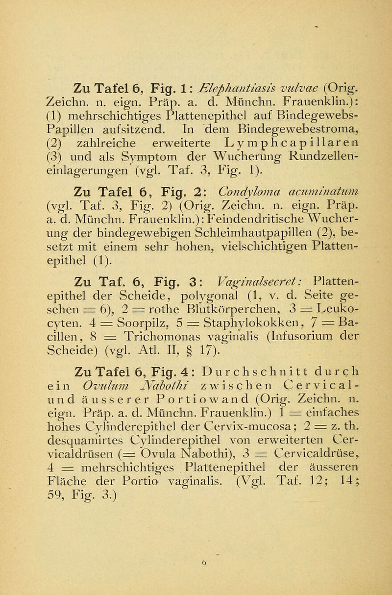 Zeichn. n. eign. Präp. a. d. Münchn, Frauenklin.): (1) mehrschichtiges Plattenepithel auf Bindegewebs- Papillen aufsitzend. In dem Bindegewebestroma, (2) zahlreiche erweiterte Lymphcapillaren (3) und als Symptom der Wucherung Rundzellen- einlagerungen (vgl. Taf. 3, Fig. 1). Zu Tafel 6, Fig. 2: Condyloma acwninahun (vgl. Taf. 3, Fig. 2) (Orig. Zeichn. n. eign. Präp. a. d. Münchn. FrauenkHn.): Feindendritische Wucher- ung der bindegewebigen Schleimhautpapillen (2), be- setzt mit einem sehr hohen, vielschichtigen Platten- epithel (1). Zu Taf. 6, Fig. 3: Vaginalsecret: Platten- epithel der Scheide, polygonal (1, v. d. Seite ge- sehen = 6), 2 = rothe Blutkörperchen, 3 = Leuko- cyten. 4 =i Soorpilz, 5 = Staphylokokken, 7 = Ba- cillen, 8 = Trichomonas vaginalis (Lifusorium der Scheide) (vgl. Atl. II, § 17). Zu Tafel 6, Fig. 4: Durchschnitt durch ein Ovuhim JVabothi zwischen Cervical- und äusserer Portiowand (Orig. Zeichn. n. eign. Präp. a. d. Münchn. Frauenklin.) 1 = einfaches hohes Cylinderepithel der Cervix-mucosa; 2 = z. th. desquamirtes Cylinderepithel von erweiterten Cer- vicaldrüsen (= Ovula Nabothi), 3 = Cervicaldrüse, 4 = mehrschichtiges Plattenepithel der äusseren Fläche der Portio vaginalis. (Vgl. Taf. 12; 14; 59, Fig. 3.)