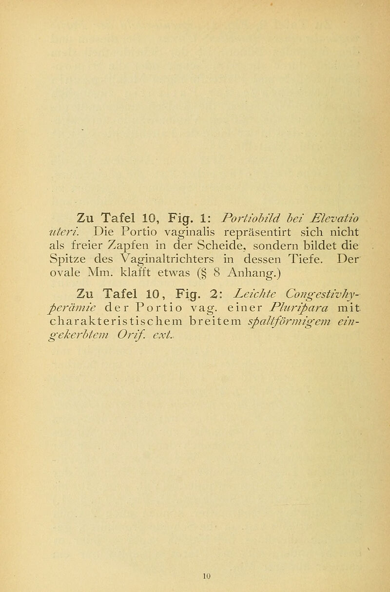 uteri. Die Portio vaginalis repräsentirt sich nicht als freier Zapfen in der Scheide, sondern bildet die Spitze des Vaginaltrichters in dessen Tiefe. Der ovale Mm. klafft etwas (§ 8 Anhang.) Zu Tafel 10, Fig. 2: Leichte Congestivhy- perämie der Portio vag. einer Phiripara mit. charakteristischem breitem spaltförmigem ein- gekerbte in Orif. ext..