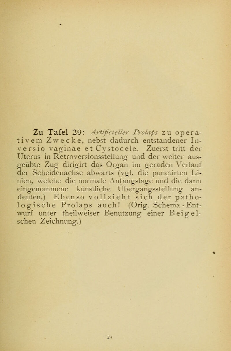 Zu Tafel 29; Artißcieller Prolaps zu opera- tivem Zwecke, nebst dadurch entstandener In- versio vaginae etCvstocele. Zuerst tritt der Uterus in Retroversionsstellung und der weiter aus- geübte Zug dirigirt das Organ im geraden \'erlauf der Scheidenachse abwärts (vgl. die punctirten Li- nien, welche die normale Antano-slaae und die dann eingenommene künstliche Ubero-ang-sstelluncr an- deuten.) Ebenso vollzieht sich der patho- logische Prolaps auch! (Orig. Schema-Ent- wurf unter theilweiser Benutzuncr einer Beig'el- sehen Zeichnung.)