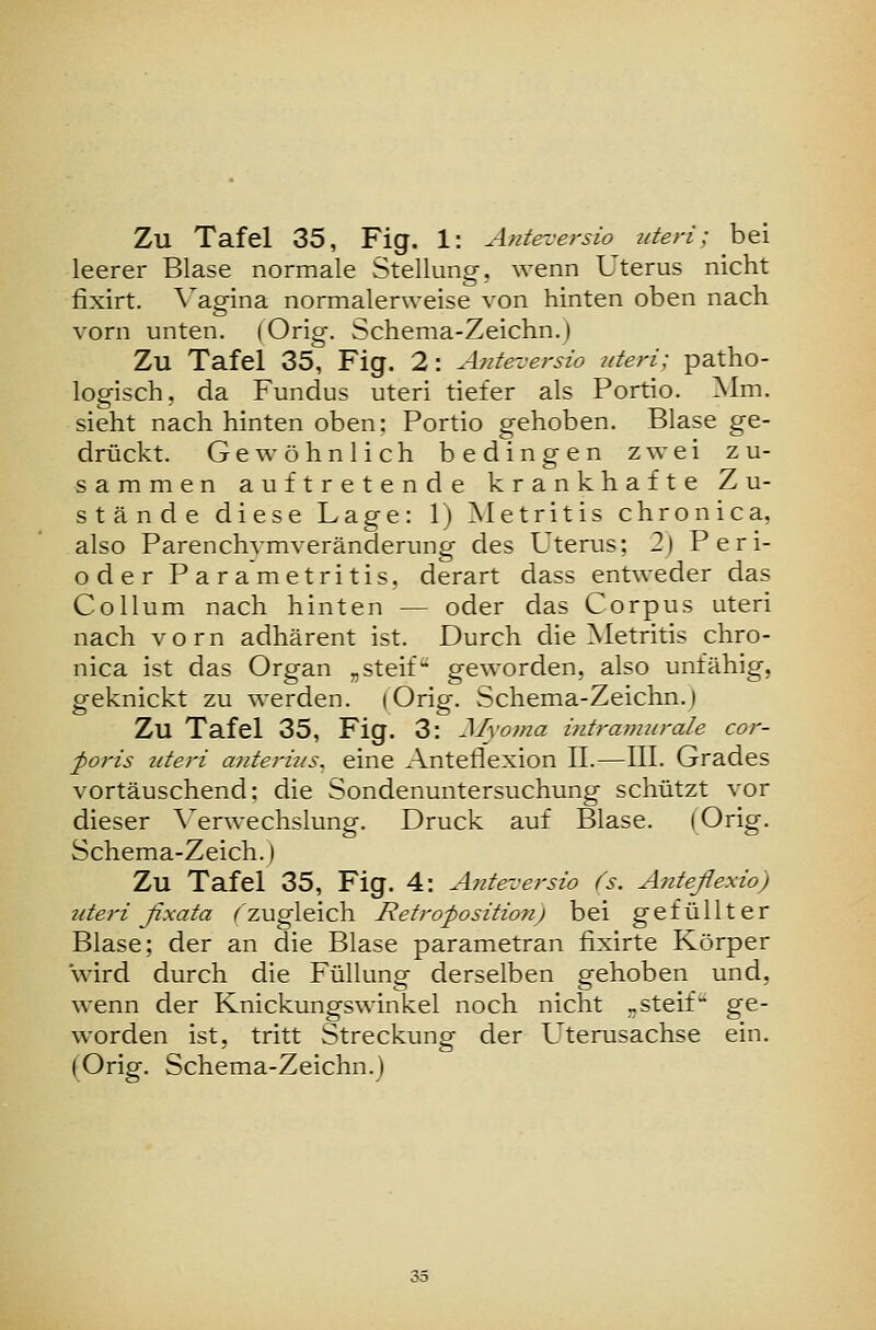 leerer Blase normale Stellung, wenn Uterus nicht fixirt. \'agina normalerweise von hinten oben nach vorn unten. (Orig. Schema-Zeichn.) Zu Tafel 35, Fig. 2: Antevet-sio uteri; patho- logisch, da Fundus uteri tiefer als Portio. ]\Im. sieht nach hinten oben: Portio gehoben. Blase ge- drückt. Gewöhnlich bedingen zwei zu- sammen auftretende krankhafte Zu- stände diese Lage: 1) ^Metritis chronica, also Parenchvmveränderung des Uterus; 2) Peri- oder Parametritis, derart dass entweder das Collum nach hinten — oder das Corpus uteri nach vorn adhärent ist. Durch die Metritis chro- nica ist das Organ „steif geworden, also unfähig, geknickt zu werden. (Orig. Schema-Zeichn.) Zu Tafel 35, Fig. 3: Mxoma intramurale cor- poris uteri a?iteri7/s. eine Anteflexion IL—III. Grades vortäuschend: die Sondenuntersuchung schützt vor dieser \^erwechslung. Druck auf Blase. (Orig. Schema-Zeich.) Zu Tafel 35, Fig. 4: Anteversio fs. Anteßexio) titeri ßxata ('zugleich Retroposition) bei gefüllter Blase; der an die Blase parametran fixirte Körper wird durch die Füllung derselben gehoben und, wenn der Knickungswinkel noch nicht „steif ge- worden ist, tritt Streckungf der Uterusachse ein. (Orig. Schema-Zeichn.) ö 35