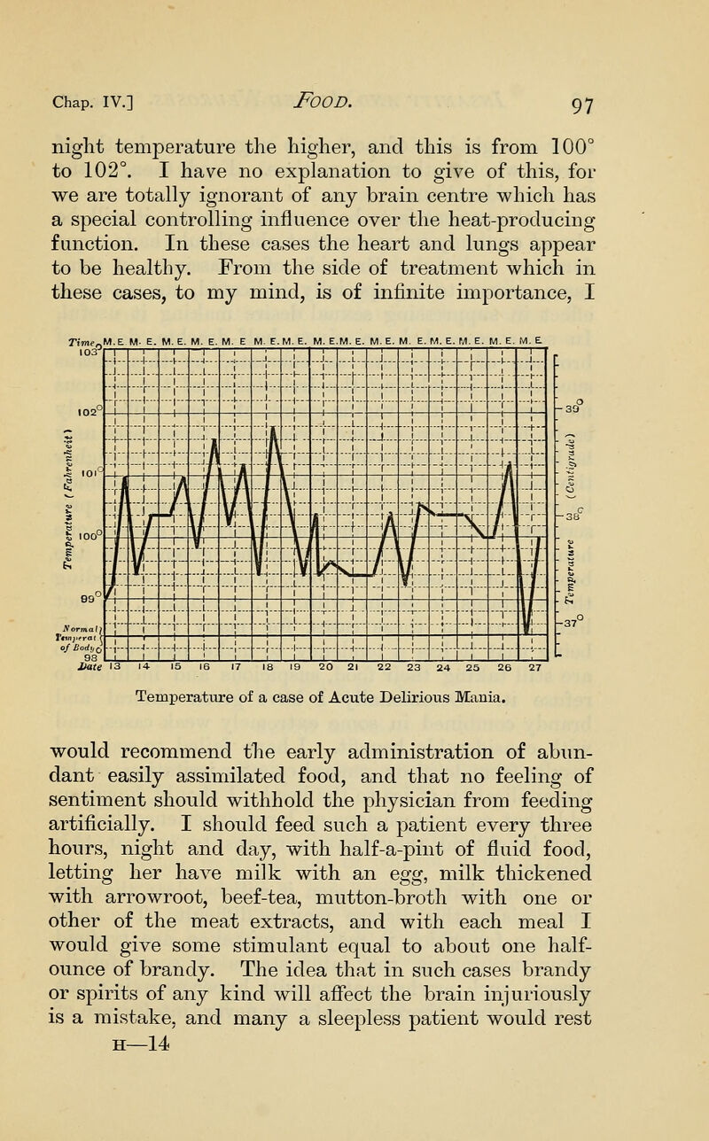 Food. niglit temperature the higher, and this is from 100° to 102°. I have no explanation to give of this, for we are totally ignorant of any brain centre which has a special controlling influence over the heat-producing function. In these cases the heart and lungs appear to be healthy. From the side of treatment which in these cases, to my mind, is of infinite importance, I Temperature of a case of Acute Delirious Mania. would recommend the early administration of abun- dant easily assimilated food, and that no feeling of sentiment should withhold the physician from feeding artificially. I should feed such a patient every three hours, night and day, with half-a-pint of fluid food, letting her have milk with an %gg, milk thickened with arrowroot, beef-tea, mutton-broth with one or other of the meat extracts, and with each meal I would give some stimulant equal to about one half- ounce of brandy. The idea that in such cases brandy or spirits of any kind will affect the brain inj uri ously is a mistake, and many a sleepless patient would rest H—14