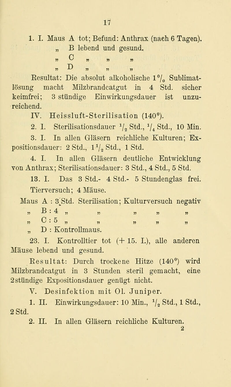 1. I. Maus A tot; Befund: Anthrax (nach 6 Tagen). „ B lebend und gesund. » ^ » M n » -'-^ » » » Eesultat: Die absolut alkoholische l^o Sublimat- lösung macht ]\Iilzbrandcatgut in 4 Std. sicher keimfrei; 3 stündige Einwirkungsdauer ist unzu- reichend. IV. Heissluft-Sterilisation (UO*»). 2. 1. Sterilisationsdauer V^ Std., ^4 Std., 10 Min. 3. I. In allen Gläsern reichliche Kulturen; Ex- positionsdauer: 2 Std., 1^2 Std., 1 Std. 4. I. In allen Gläsern deutliche Entwicklung von Anthrax; Sterihsationsdauer: 3 Std., 4 Std., 5 Std. 18. I. Das 3 Std.- 4 Std.- 5 Stundenglas frei. Tierversuch; 4Mäuse. Maus A : S^Std. Sterilisation; Kulturversuch negativ B • 4 n ^ • '-' » n n » n „ D : KontroUmaus. 23. I. Kontrolltier tot (+ 15. I.), alle anderen Mäuse lebend und gesund. Resultat: Durch trockene Hitze (140'') wird Milzbrandcatgut in 3 Stunden steril gemacht, eine 2 stündige Expositionsdauer genügt nicht. V. Desinfektion mit Ol. Juniper. 1. II. Einwirkungsdauer: 10 Min., Va ^td., 1 Std., 2 Std. 2. n. In allen Gläsern reichliche Kulturen. 2