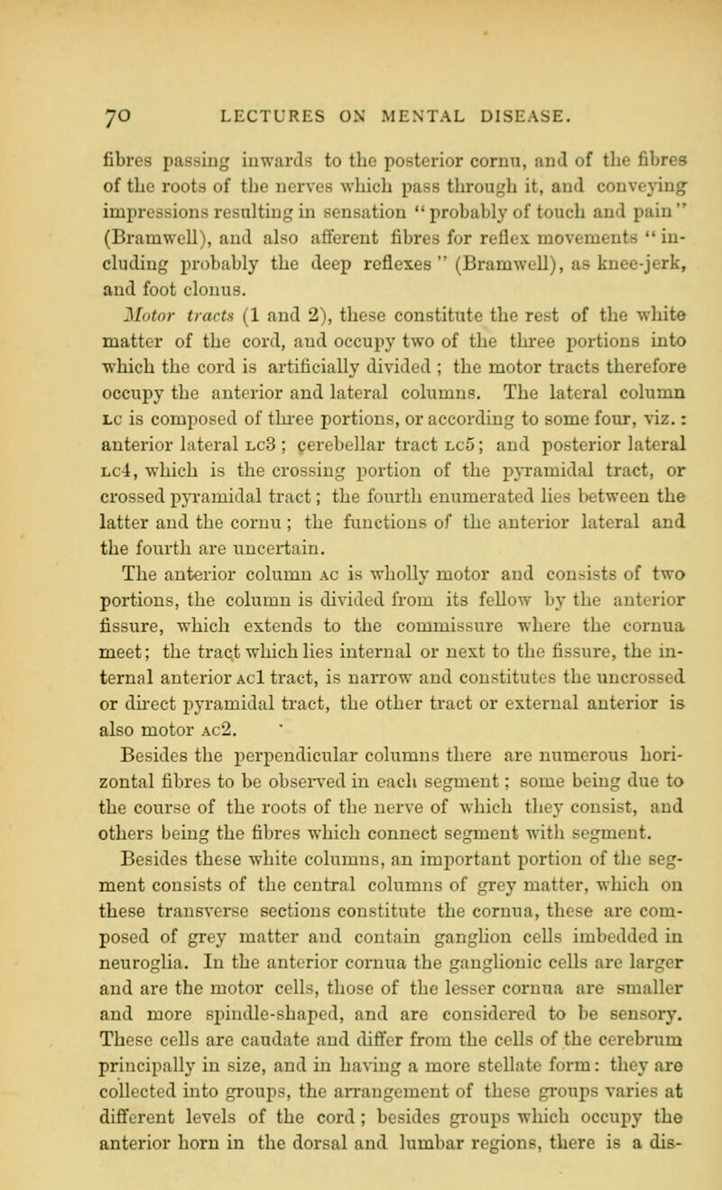 fibres passing inwards to the posterior cornu, and of the fibres of the roots of the nerves which pass through it, and conveying impressions resulting in sensation probably of touch and pain (Bramwell), and also afferent fibres for reflex, movements  in- cluding probably the deep reflexes  (Bramwell), as knee-jerk, and foot clonus. Motor tracts (1 and 2), these constitute the rest of the white matter of the cord, and occupy two of the three portions into which the cord is artificially divided ; the motor tracts therefore occupy the anterior and lateral columns. The lateral column Lc is composed of thi-ee portions, or according to some four, viz.: anterior lateral lc3 ; cerebellar tract lc5 ; and posterior lateral Lc4, which is the crossing portion of the pyramidal tract, or crossed pjTamidal tract; the fourth enumerated hes between the latter and the cornu; the functions of the anterior lateral and the fourth are uncertain. The anterior column ac is wholly motor and consists of two portions, the column is divided from its feUow by the anterior fissure, which extends to the commissure where the cornua meet; the trac.t which lies internal or next to the fissure, the in- ternal anterior acI tract, is narrow and constitutes the uncrossed or du-ect pyramidal tract, the other tract or external anterior is also motor ac2. Besides the perpendicular columns there are numerous hori- zontal fibres to be obsei-ved in each segment; some being due to the course of the roots of the nerve of which they consist, and others being the fibres which connect segment with segment. Besides these white columns, an important portion of the seg- ment consists of the central columns of grey matter, which on these transverse sections constitute the cornua, these ai-e com- posed of grey matter and contain ganghon cells imbedded in neuroglia. In the anterior cornua the ganglionic cells are larger and are the motor cells, those of the lesser cornua are smaller and more spindle-shaped, and are considci-ed to be sensory. These cells are caudate and difier from the cells of the cerebrum principally in size, and in having a more stellate form: they are collected into groups, the arrangement of those groups varies at different levels of the cord; besides gi'oups which occupy the anterior horn in the dorsal and lumbar regions, there is a dis-