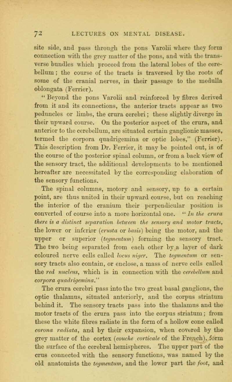site side, and pass through the pons Yarohi where they form connection %\'ith the grey matter of the pons, and with the trans- verse bundles which proceed from the lateral lobes of the cere- bellum ; the course of the tracts is traversed by the roots of some of the cranial nerves, in their passage to the medulla oblongata (Ferrier).  Beyond the pons Varolii and reinforced by fibres derived from it and its connections, the anterior tracts appear as two peduncles or limbs, the crura cerebri; these slightly diverge in their upward course. On the posterior aspect of the crura, and anterior to the cerebellum, are situated certain ganghonic masses, termed the corpora quadrigemiua or optic lobes, (Ferrier). This description from Dr. Fen-ier, it may be pointed out, is of the course of the posterior spinal column, or from a back view of the sensory tract, the additional developments to be mentioned hereafter are necessitated by the corresponding elaboration of the sensory functions. The spinal columns, motory and sensoi-y, up to a certain point, are thus united in their upward course, but on reaching the interior of the cranium their perpendicular position is converted of course into a more horizontal one.  In the crura there is a distinct separation betiveen the sensory and motor tracts, the lower or inferior (crusta or basis) being the motor, and the upper or superior {tegmentum) forming the sensory tract. The two being separated from each other by a layer of dark coloured nerve cells called locus niucr. The teijmentwn or sen- sory tracts also contain, or enclose, a mass of nerve cells called the red nucleus, which is in connection with the cerebellum and corpora quadriyemina. The crura cerebri pass into the two great basal ganglions, the optic thalamus, situated anteriorly, and the corpus striatum behind it. The sensory tracts pass into the thalamus and the motor tracts of the crura pass into the corpus striatum; fi-om these the white fibres radiate in the form of a hollow cone called corona radiata, and by their expansion, when covered by the grey matter of the cortex {coiiche corticale of the Fre;ich). form the surface of the cerebral hemispheres. The upper part of the crus connected with the sensory functions, was named by the old anatomists the tegmentum, and the lower part the foot, and